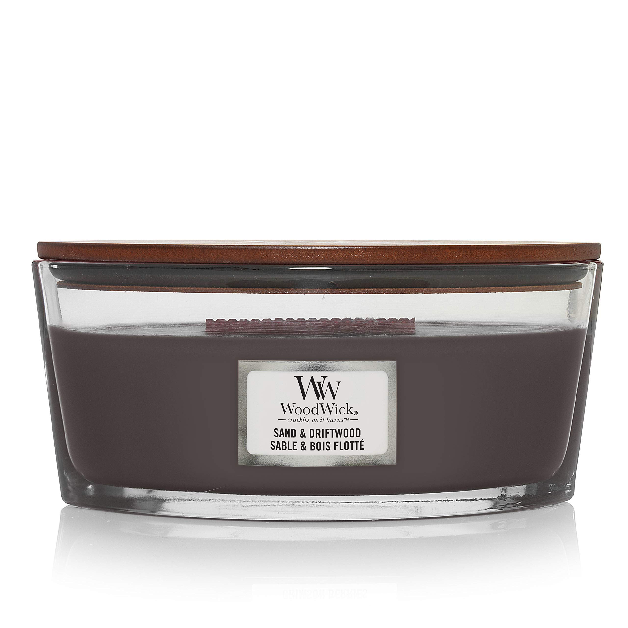 WoodWick Scented Candle with Crackling Wick - Sand & Driftwood Fragrance Ellipse Candle | Long Lasting 50-Hour Burn Time | Natural Soy Wax Aromatherapy Candle | Perfect Gift for Women, Home Decor, Relaxation & Romantic Ambiance