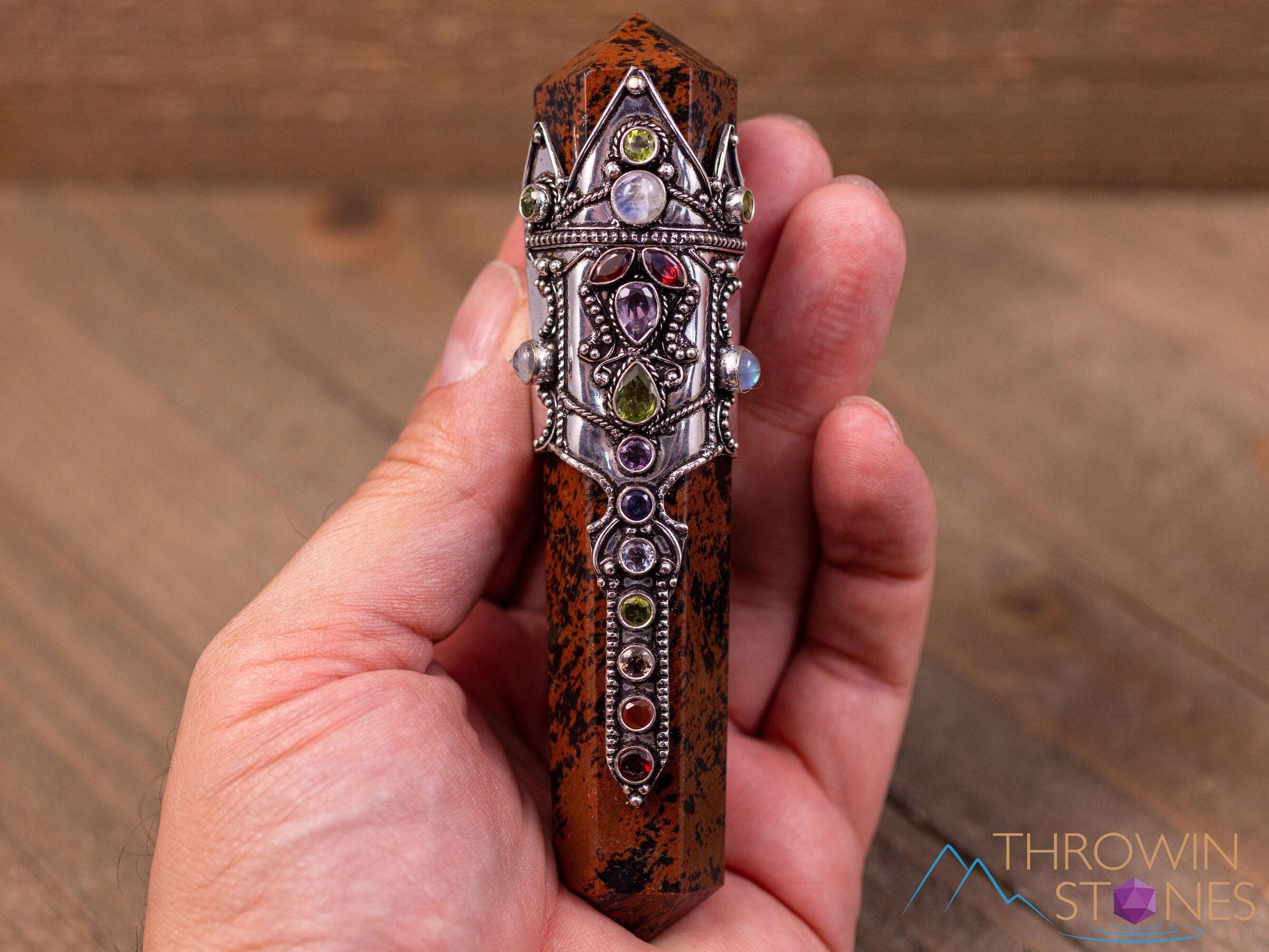 Rainbow Chakra Mahogany Obsidian Crystal Wand for Reiki Healing, Meditation & Energy Work - Metaphysical Spiritual Tool for Balancing Chakras & Positive Energy