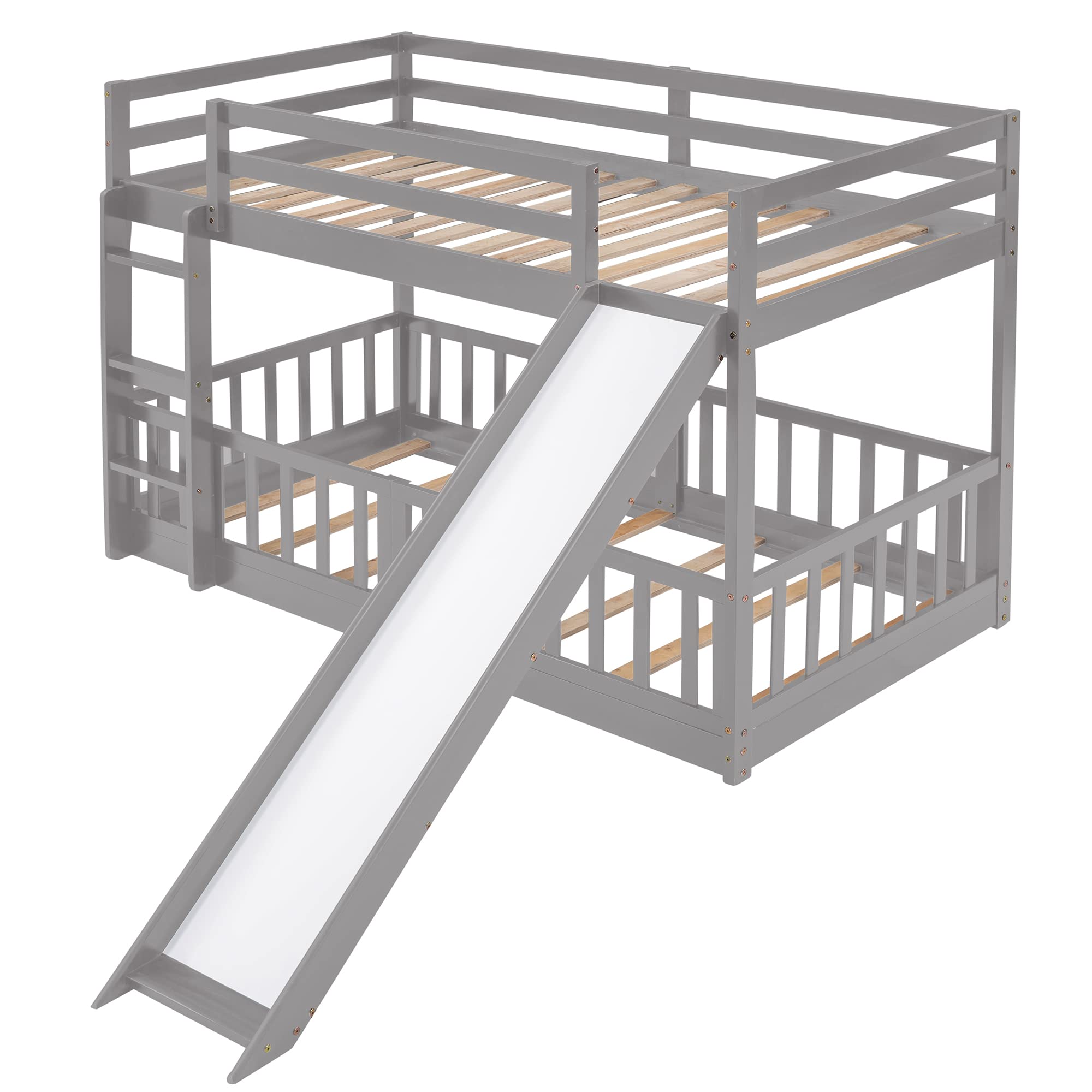 Harper & Bright Designs Twin Over Twin Low Bunk Bed with Slide - Wooden Kids Bunk Bed with Ladder & Safety Guardrail - Space Saving Bed Frame for Boys & Girls (Gray) - Perfect for Small Bedrooms, Kids' Rooms & Shared Spaces