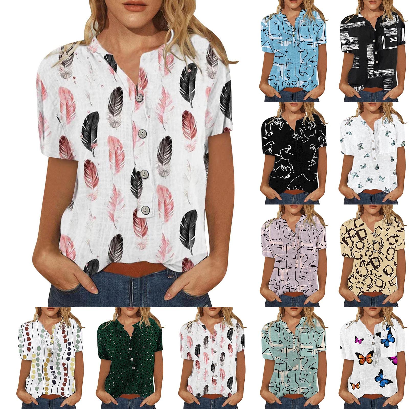 Women's Summer Casual T-Shirts - Short Sleeve Printed Blouses with Button Neckline for Workout & Daily Wear | Fashionable Tees for Office, Gym and Weekend Outfits