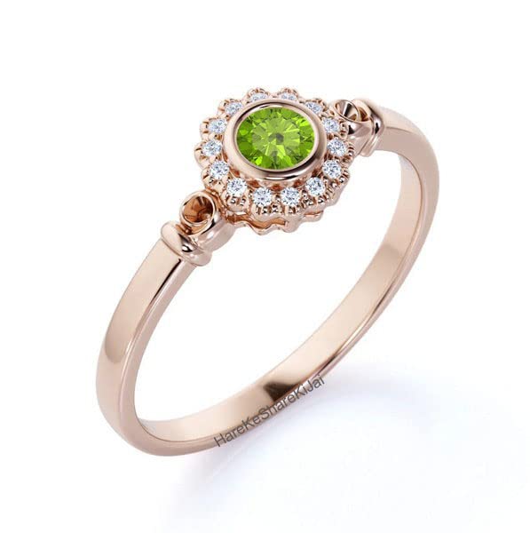 Natural Peridot Engagement Ring for Women - Vintage Rose Gold Vermeil & Art Deco Statement Silver Ring with Leaf Design - Unique Gemstone Jewelry for Anniversary Gifts, Wedding & Special Occasions