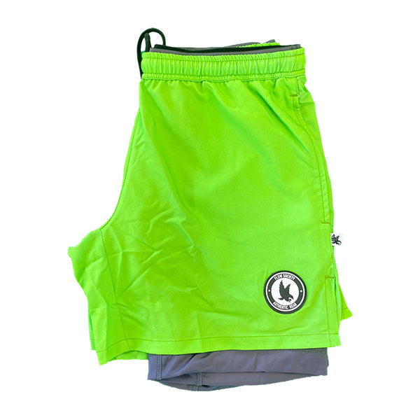 Men's 2-in-1 Solid Compression Shorts with Charcoal Liner - Neon Green & Black - 7