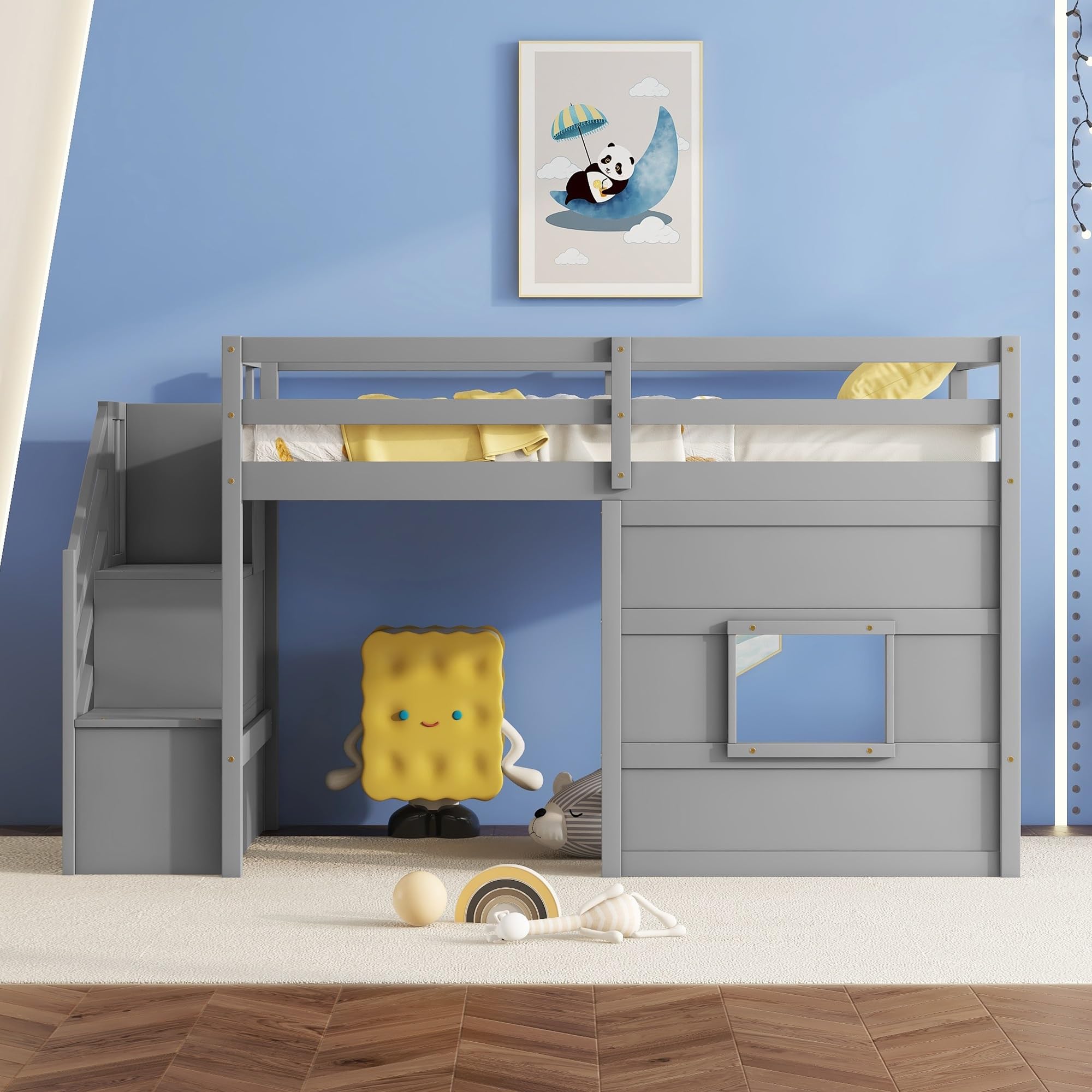 Twin Size Low Loft Bed with Stairs & Storage - Solid Wood Kids Loft Bed Frame for Boys & Girls in Gray - Space Saving Solution for Small Bedrooms, Dorm Rooms & Kids' Rooms
