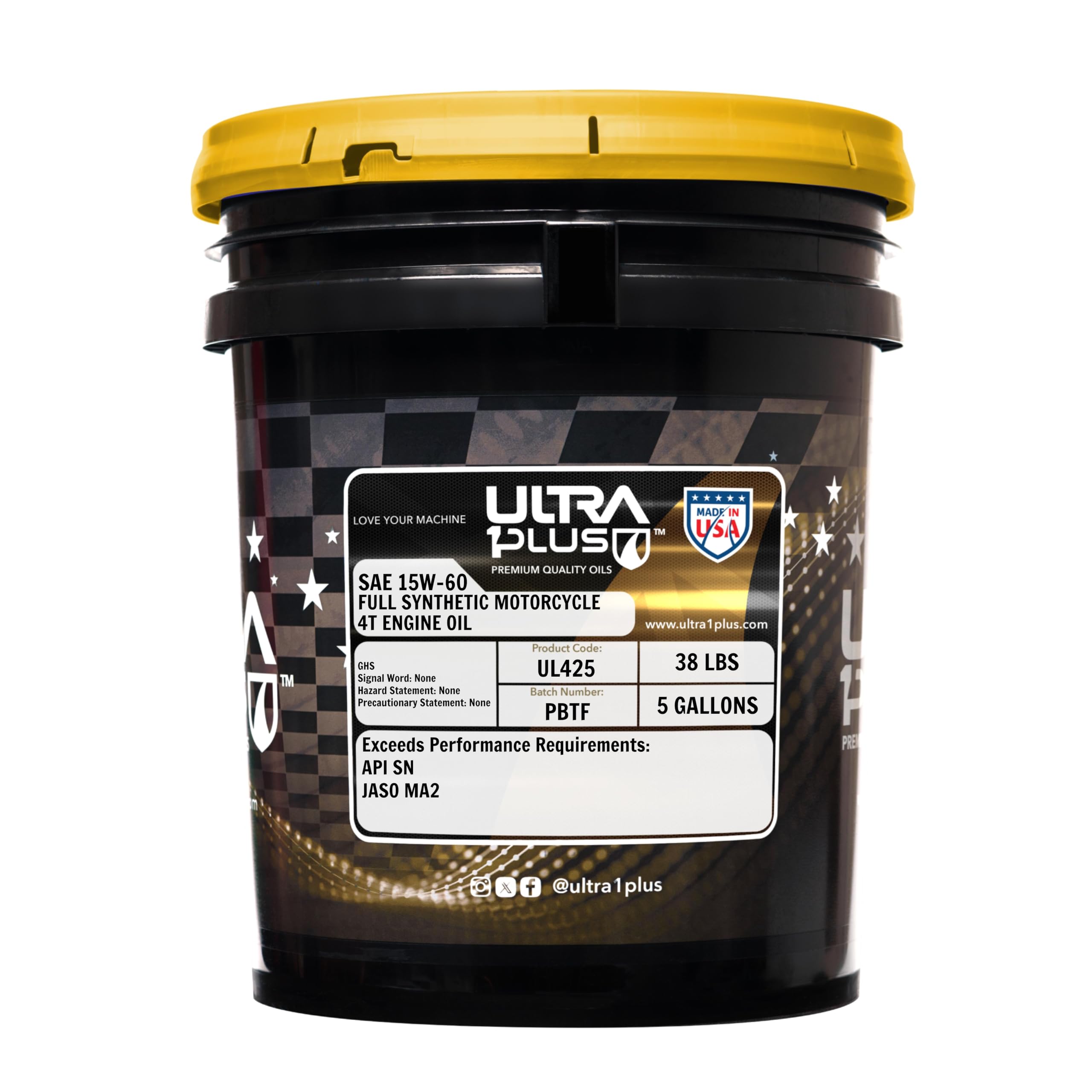 Ultra1Plus SAE 15W-60 Full Synthetic 4T Motorcycle Engine Oil - API SN JASO MA2 Certified - 5 Gallon Pail for High-Performance Bikes, Dirt Bikes & ATVs - Ideal for Racing, Off-Road & Extreme Temperature Conditions
