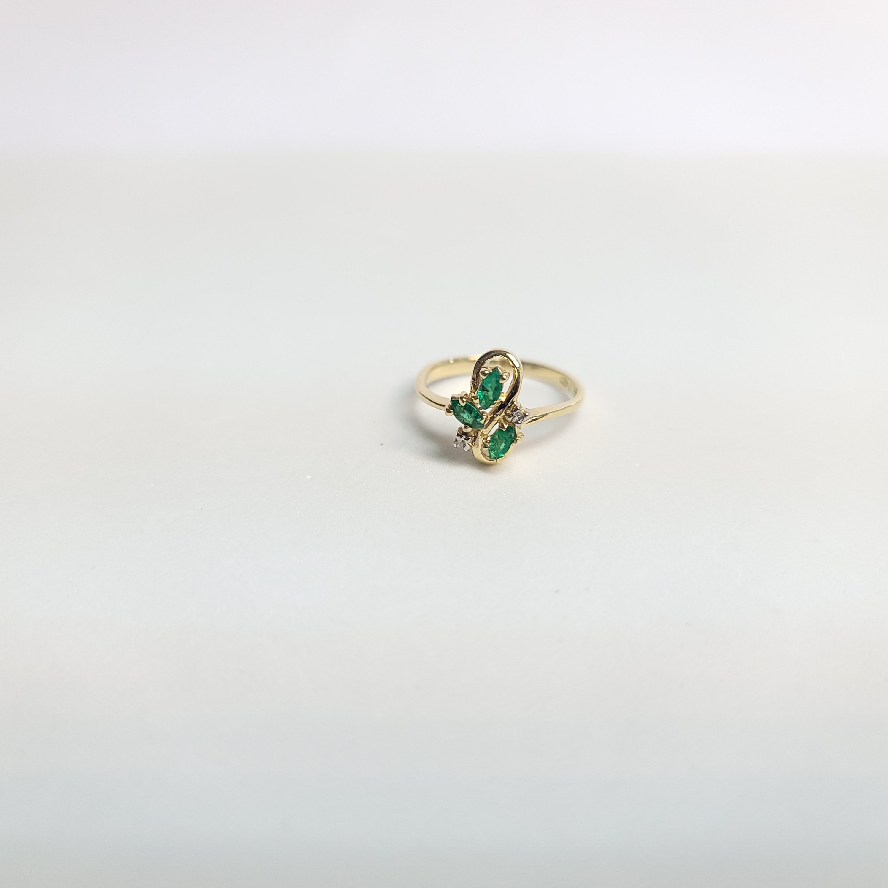 14K Yellow Gold Marquise Emerald & Diamond Ring .29cttw - Elegant Vintage Jewelry for Weddings, Anniversaries & Special Occasions