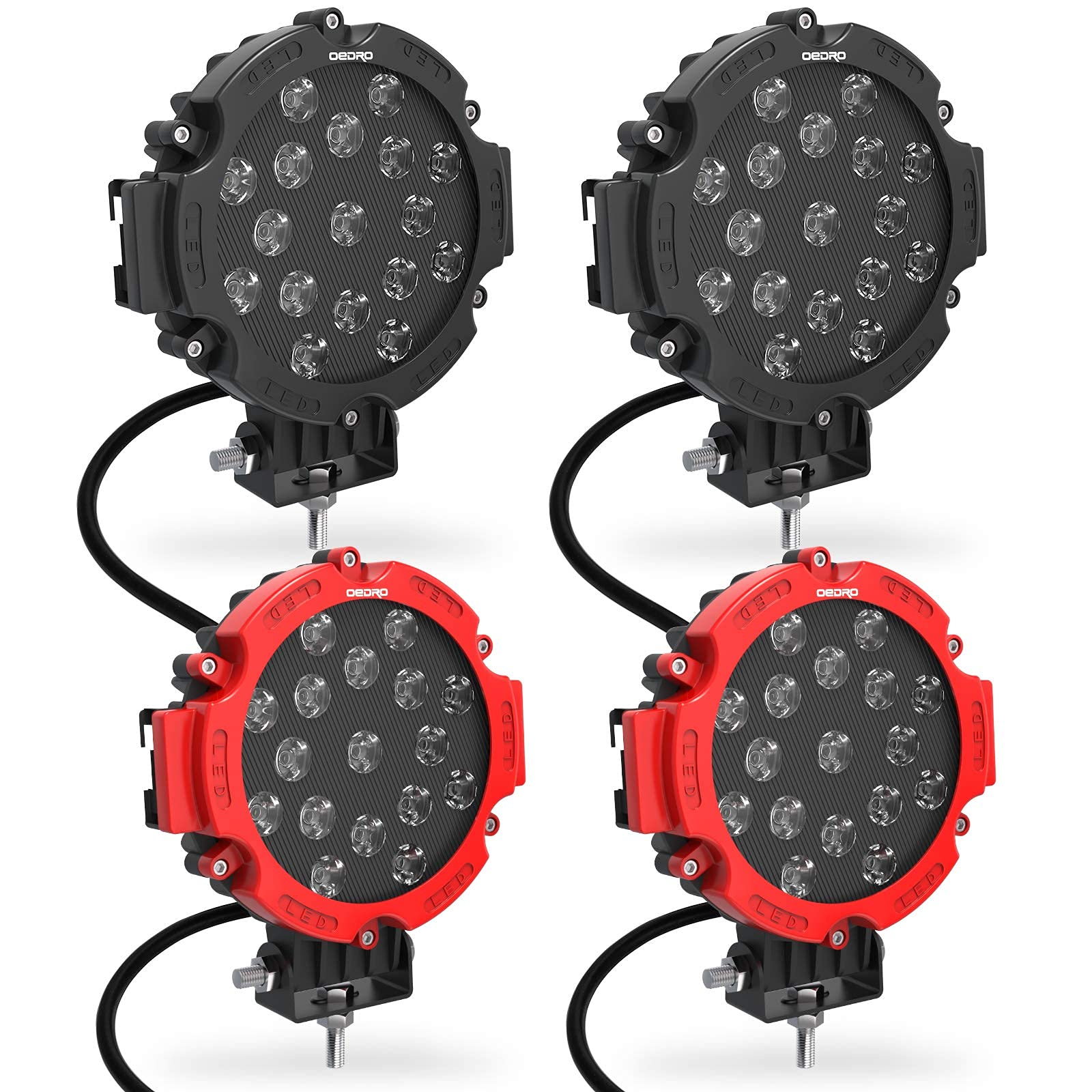 OEDRO 7 Inch 51W Round LED Light Pods - Waterproof Spot Off-Road Driving Lights for Jeep, Truck, SUV, ATV, Boat & Motorcycle - Perfect for Night Driving, Foggy Conditions & Hunting (Black & Red)