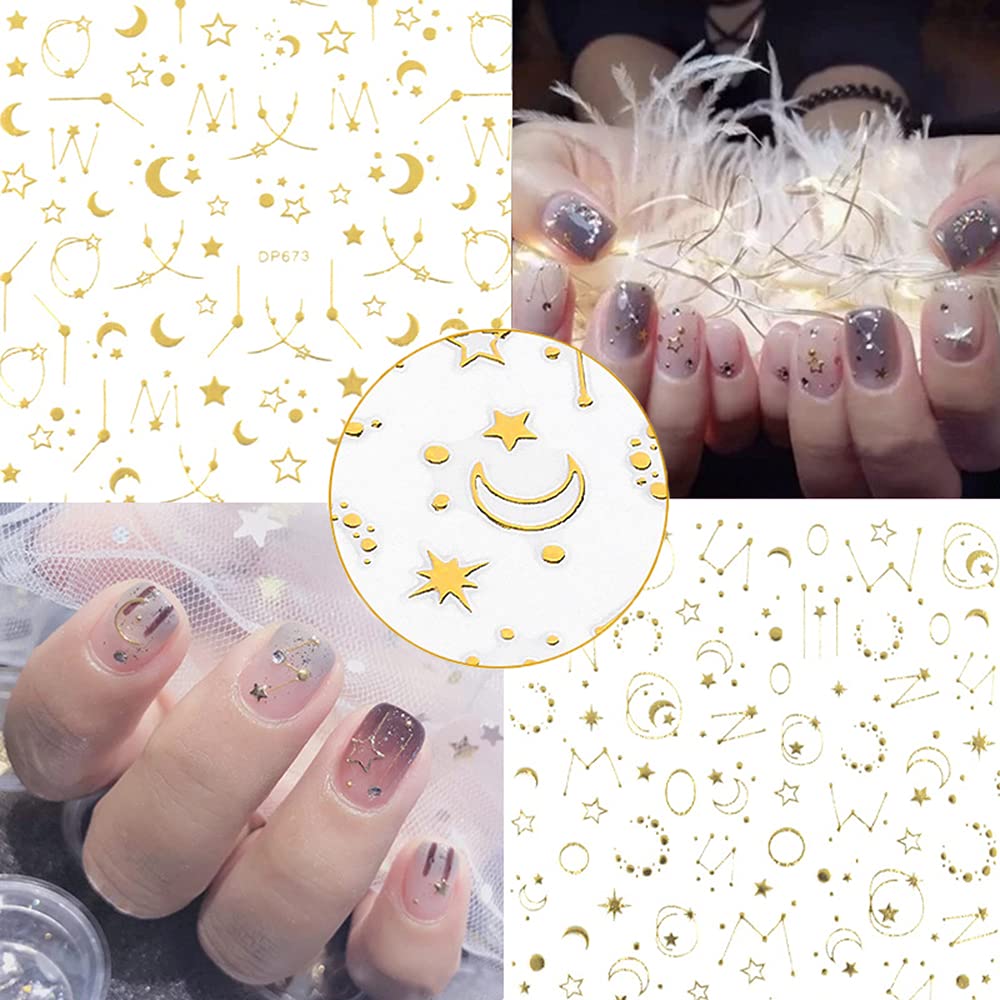3D Gold Star Nail Art Stickers - Self Adhesive Metallic Nail Decals (6 Sheets) for DIY Manicure, Acrylic Nails & Nail Art Decorations - Luxury Moon & Money Design Nail Supplies - Perfect for Parties, Weddings, Holidays & Special Occasions