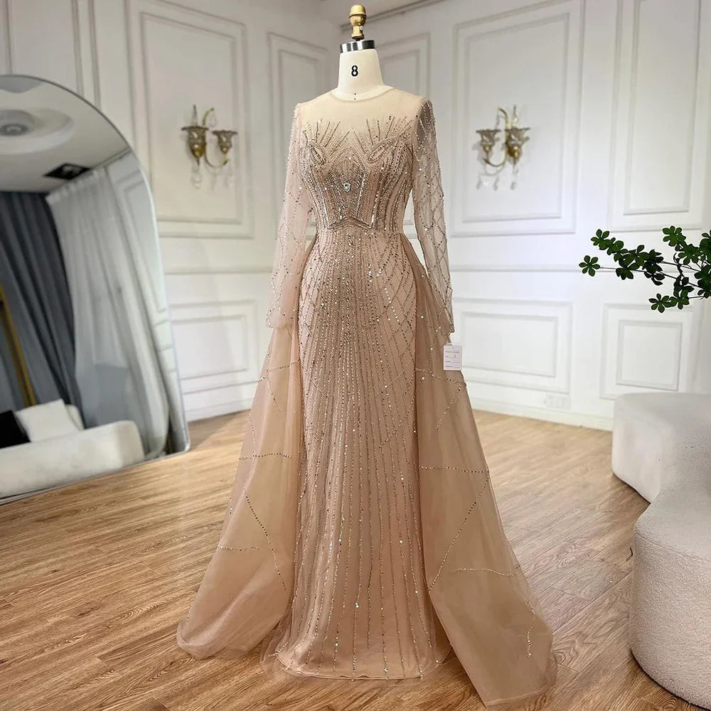 Serene Hill Muslim Beige Elegant Overskirt Mermaid Luxury Beaded Gold Evening Dresses Gowns 2025 For Women - Perfect for Weddings, Prom, Gala & Formal Events