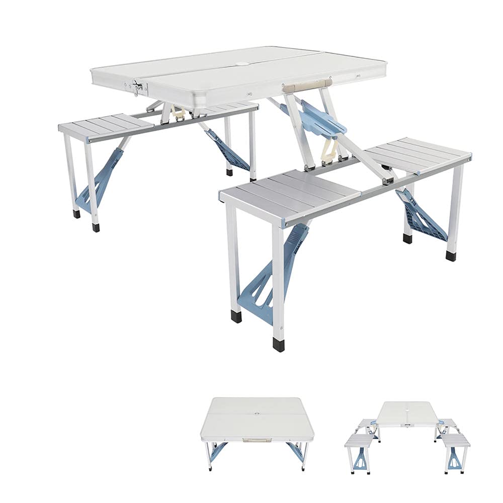 4FT Portable Folding Camping Picnic Table & Chairs Set with Beach Umbrella Hole - Lightweight Aluminum Alloy Frame, Handle for Outdoor BBQ, Travel, Beach, Park, and Family Gatherings
