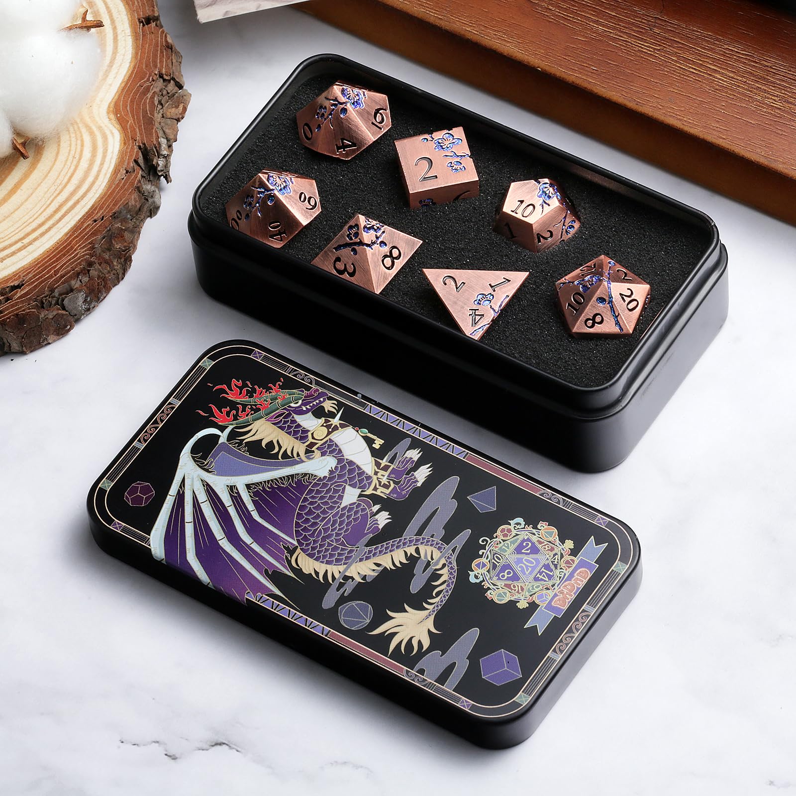 Premium 7-Piece Antique Copper Metal Dice Set - Floral Engraved DND Dice for Dungeons & Dragons RPG Tabletop Games, D&D Gifts with Elegant Storage Case - Perfect for D&D Campaigns, Collector Displays & Tabletop Gaming Nights