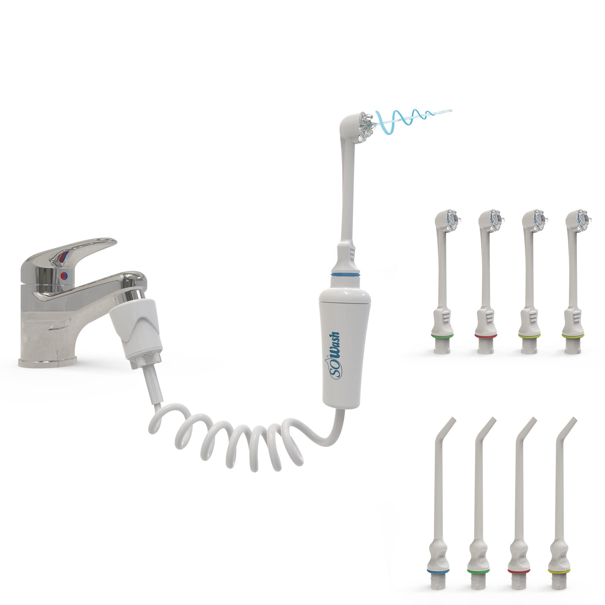 Idropulsore Dentale SoWash Family | Irrigatore Dentale Senza Batterie | Collega al Rubinetto | 4 Testine Vortice con 3 Getti Pulsanti + 4 Testine Idrogetto | Prodotto Italiano | Per Igiene Orale Completa a Casa