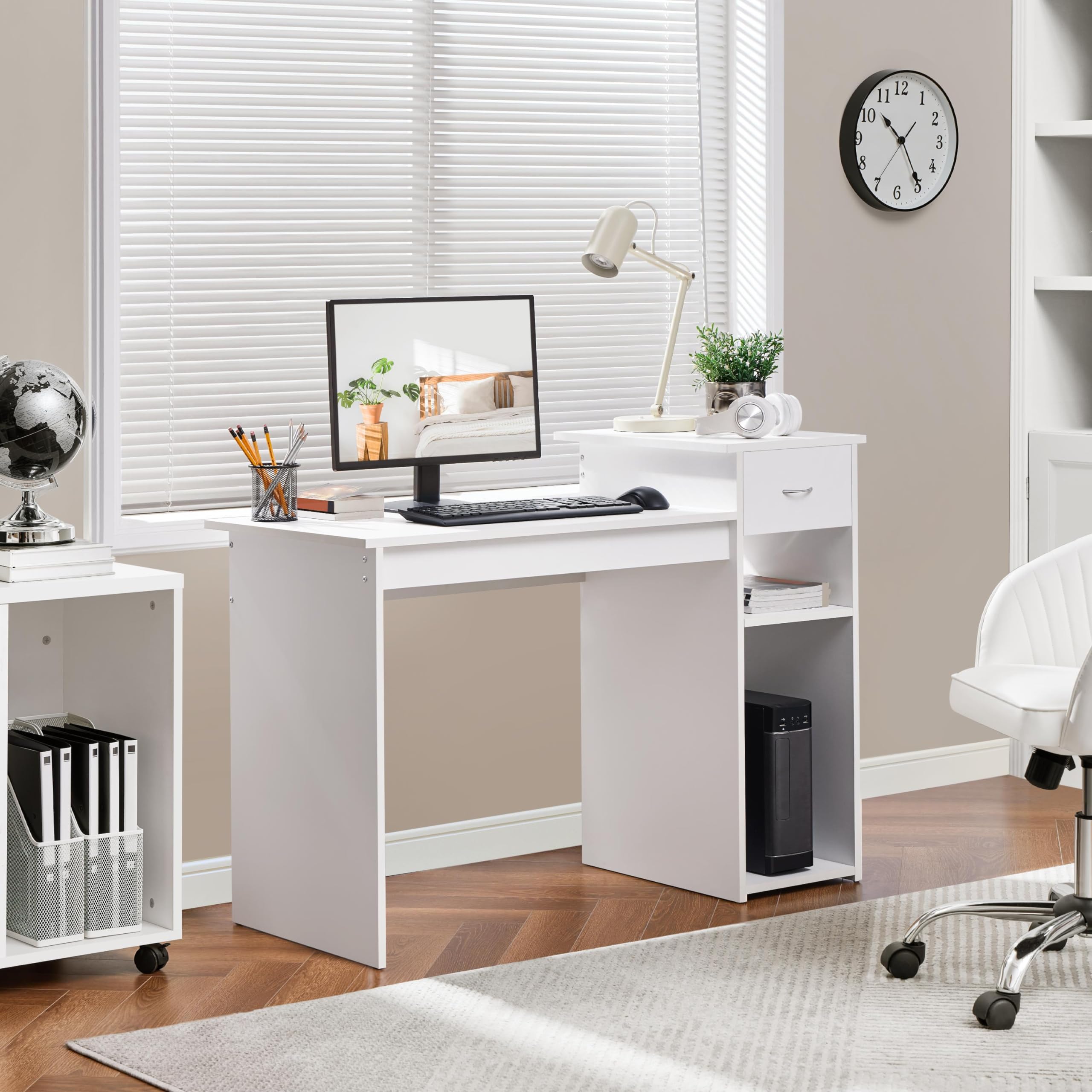 Yaheetech 44 Inch Home Office Desk & Ergonomic Chair Set with Drawer - Adjustable Height Computer Desk & Mesh Back Office Chair in White & Black - Perfect for Small Spaces, Remote Work & Gaming Setup