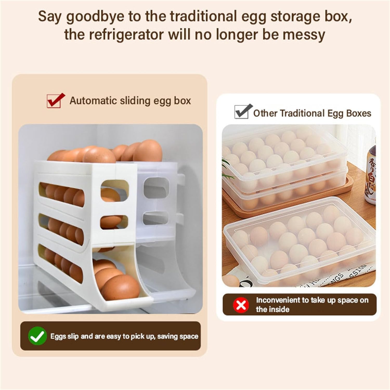 4-Tier Auto Rolling Egg Holder for Refrigerator - Large Capacity 30 Egg Organizer & Dispenser Storage (White) | Traboto-0011 | Perfect for Kitchen Organization & Fresh Egg Storage