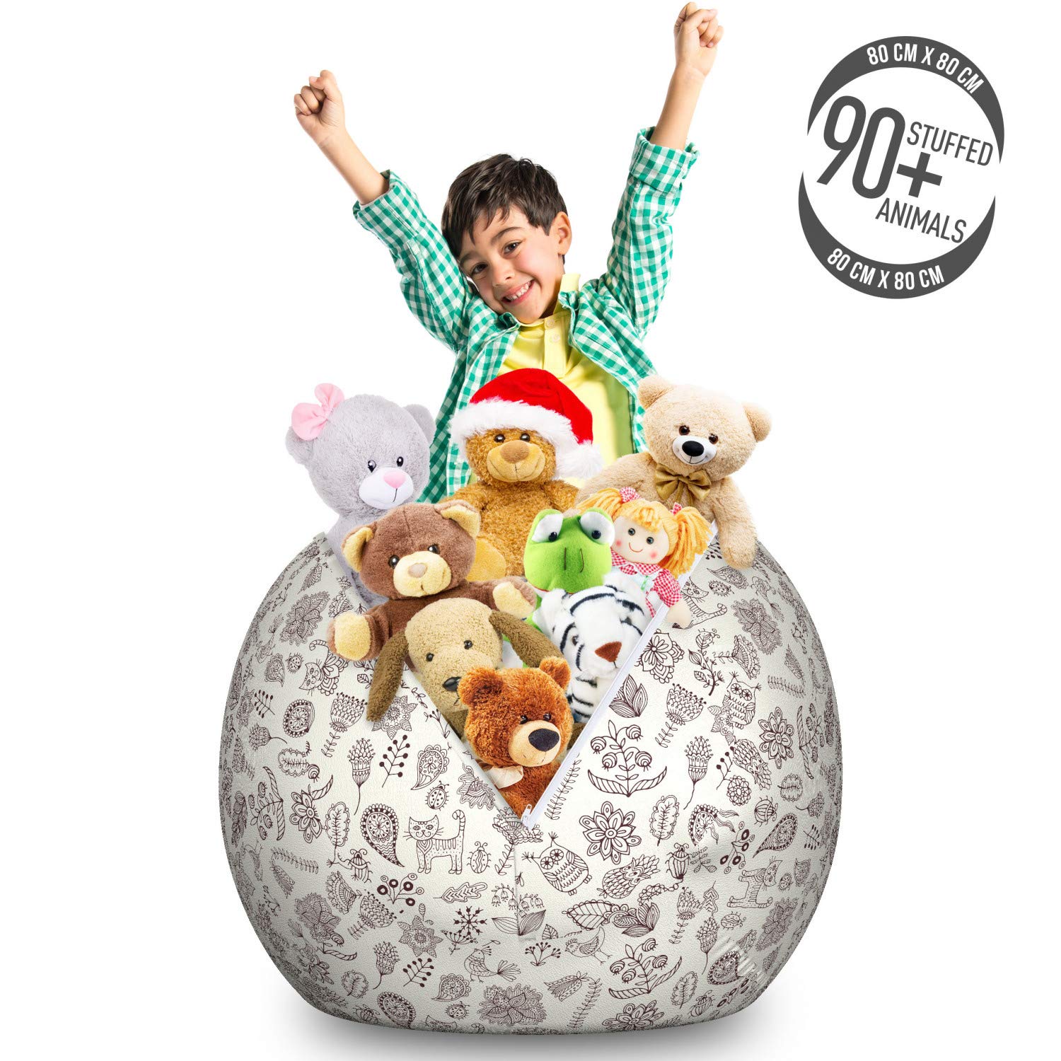 Ambesonne Playroom Storage Toy Bag Chair - Nature Themed Owl Cat Bird Bluebells Tulips Leaves Doodle Art Stuffed Animal Organizer | Washable Large Size Toy Storage Bag in Dark Brown White | Perfect for Kids' Room, Nursery, and Playroom Organization