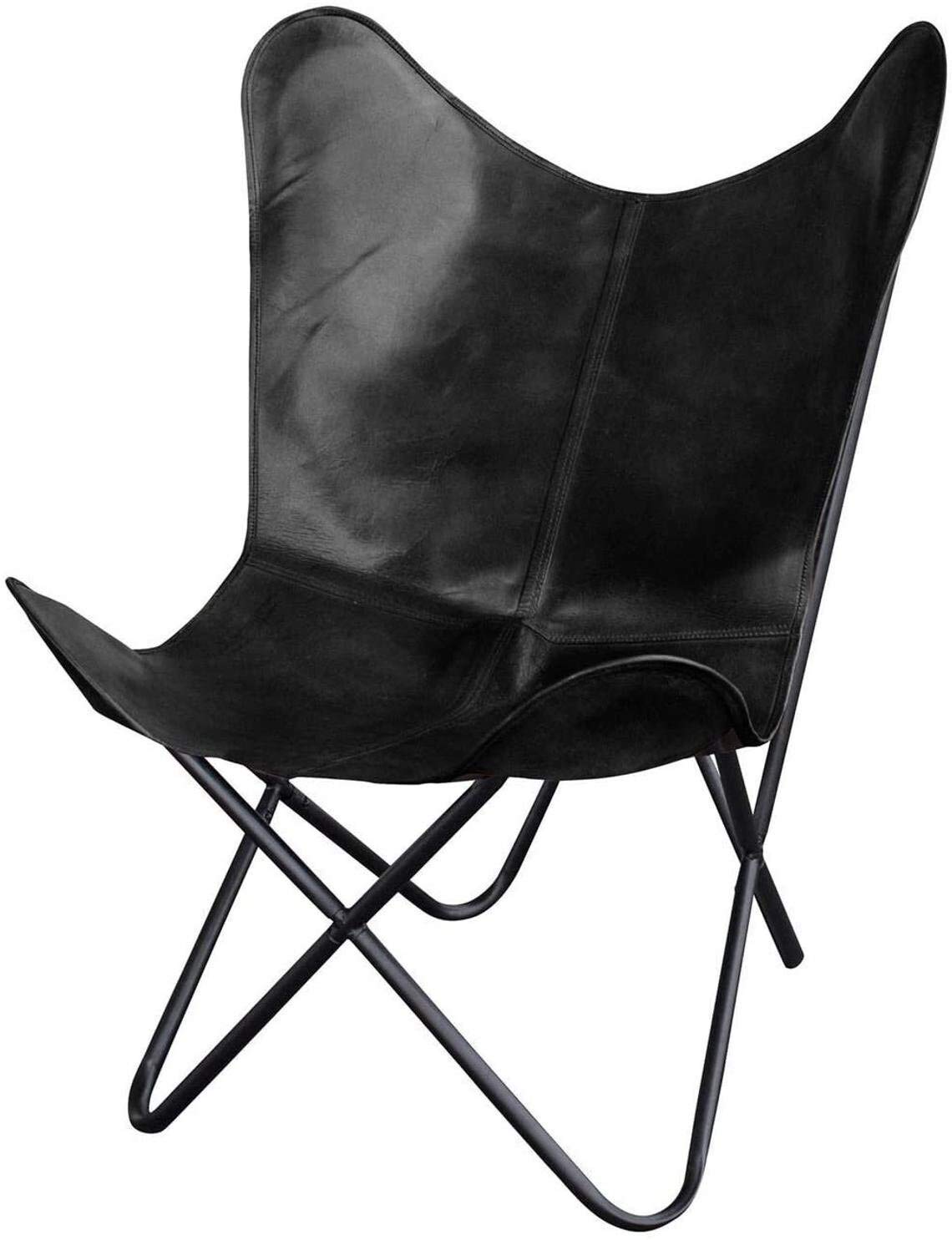 Tan Leather Butterfly Chair with Black Metal Base - Stylish Iron Frame Living Room Chair for Relaxing & Lounging | Perfect for Patio, Bedroom, or Reading Nook