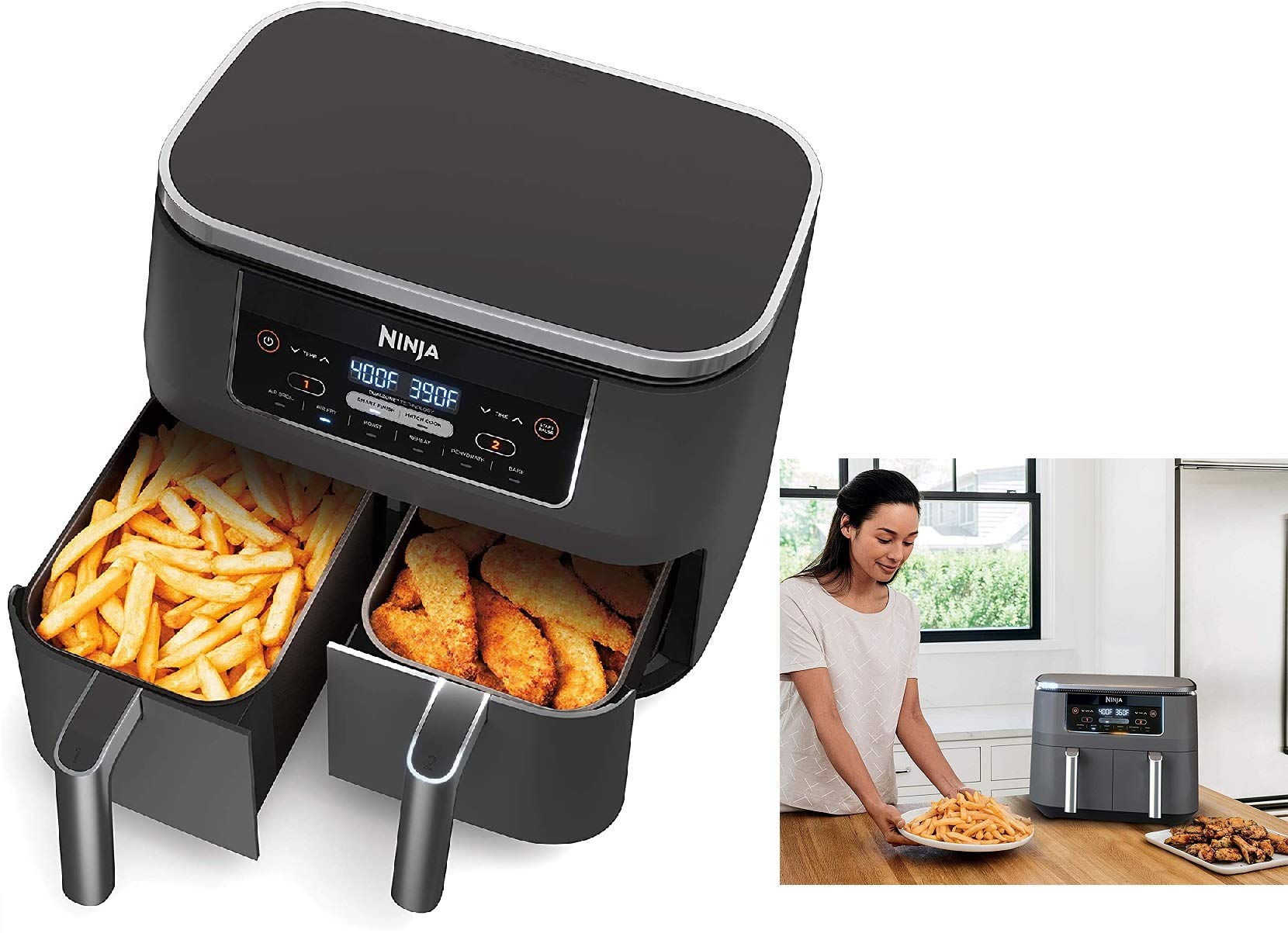 Ninja DZ100 Foodi 4-in-1 8-Quart 2-Basket Air Fryer with DualZone Technology - Certified Renewed | Perfect for Family Meals, Healthy Cooking & Quick Snacks