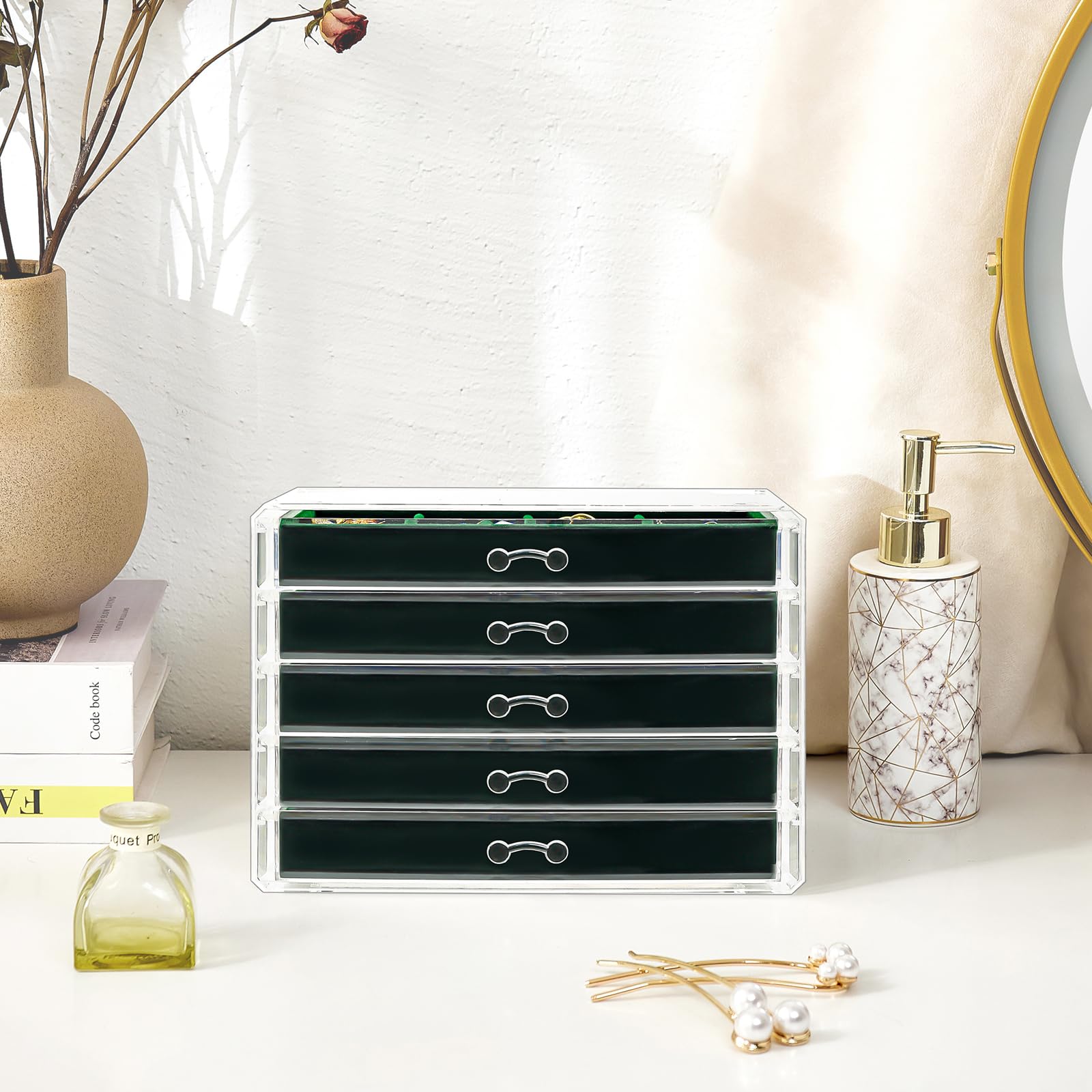 ProCase 5-Drawer Acrylic Jewelry Organizer Box with Adjustable Velvet Trays - Clear Earring Holder for Women (Emerald Green) | Perfect for Bedroom Vanity, Closet Storage & Travel Jewelry Case