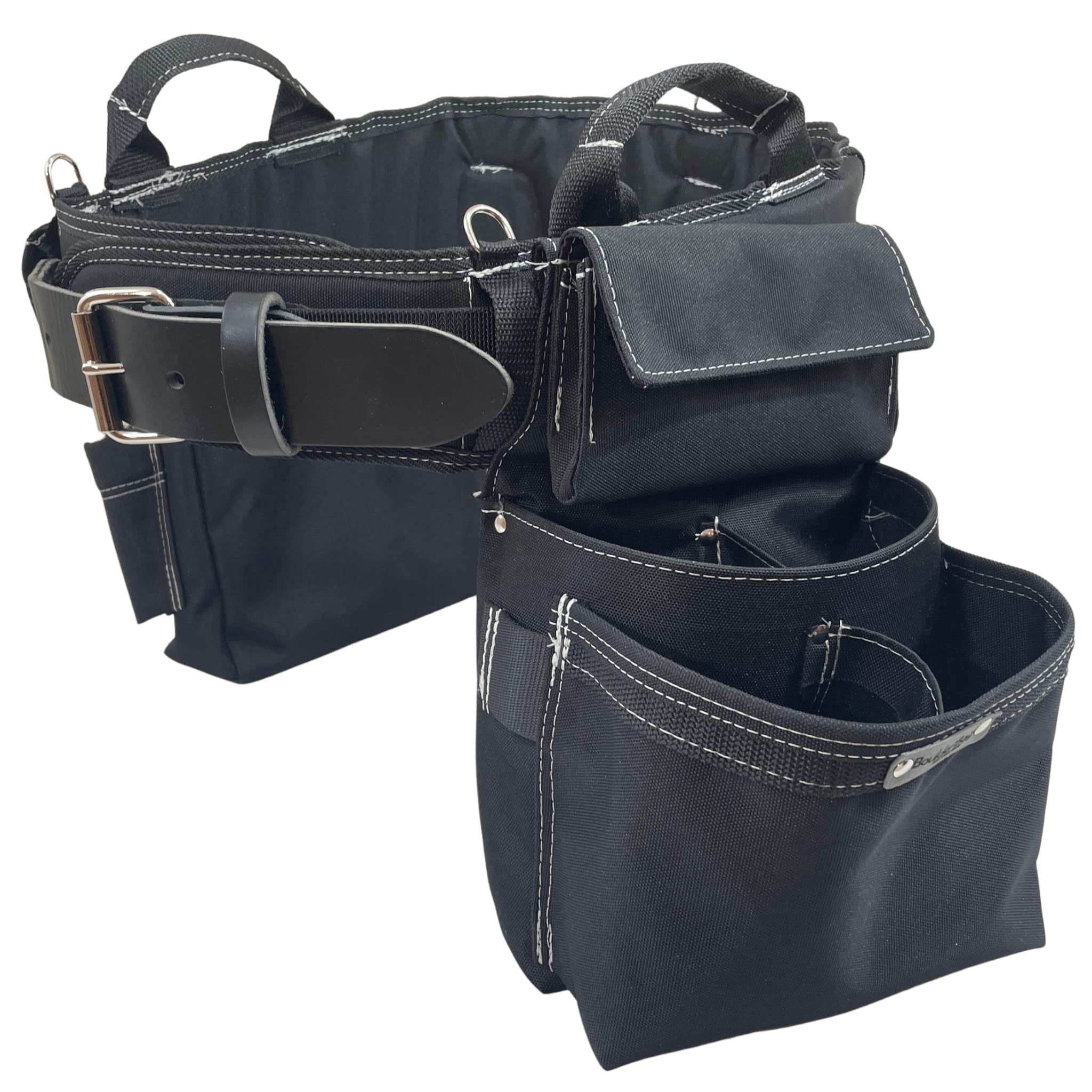 BOULDER BAG Ultimate Electrician's MAX Combo Tool Belt with Comfort Back Support - Heavy Duty Leather Belt Buckle, Black with White Stitching (3X-Large 49-56 Inch Waist) - Made in USA - Perfect for Electricians, Construction Workers & DIY Home Improvement Projects