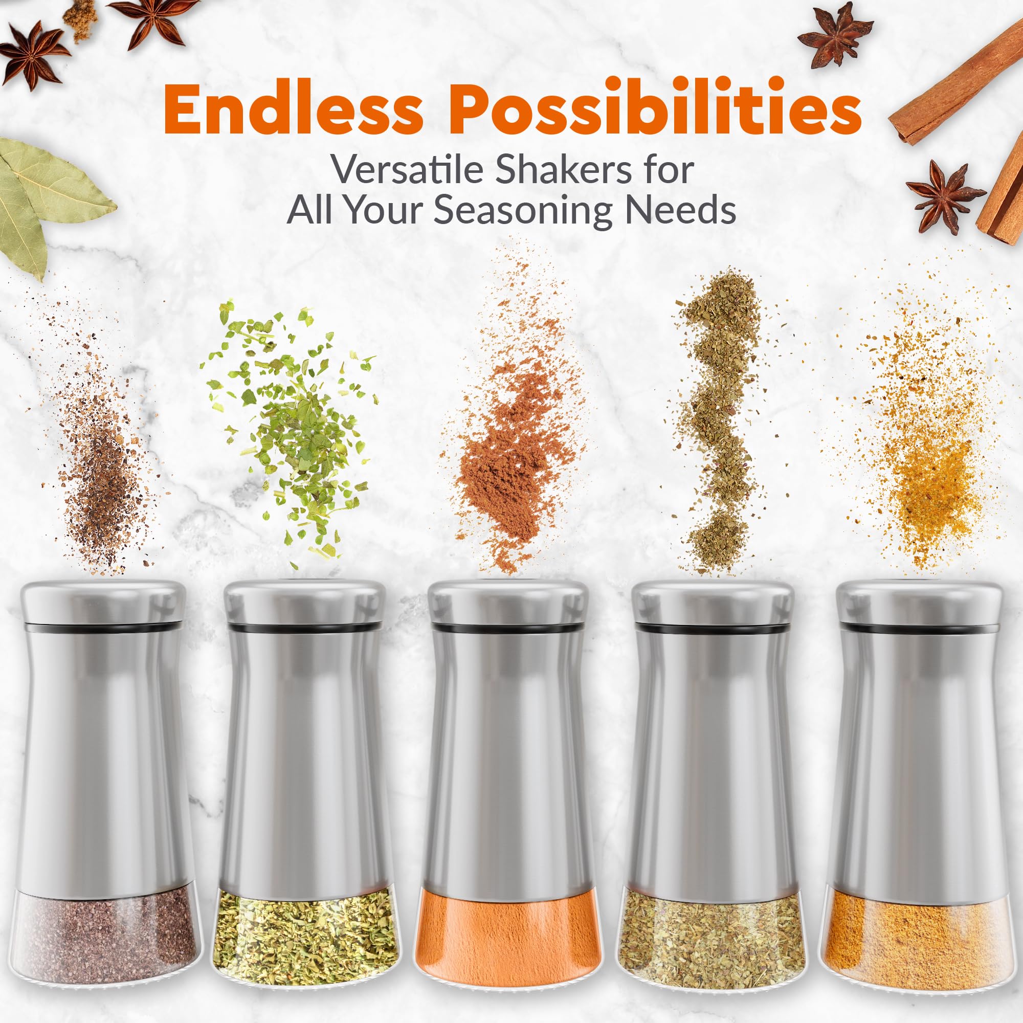 Premium Glass & Stainless Steel Salt and Pepper Shakers Set with Adjustable Pour Holes - Farmhouse Style Spice Dispenser for Salt, Ground Peppercorn & Seasonings - Perfect for Kitchen, Dining Table & Outdoor BBQ