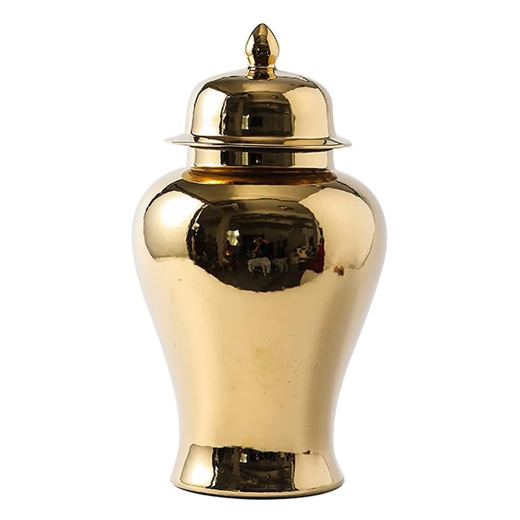 Elegant Gold Ginger Jar - Handcrafted Porcelain Temple Vase with Lid - Large Ceramic Decorative Jar for Home Decor | Perfect for Living Room, Dining Table & Shelf Display