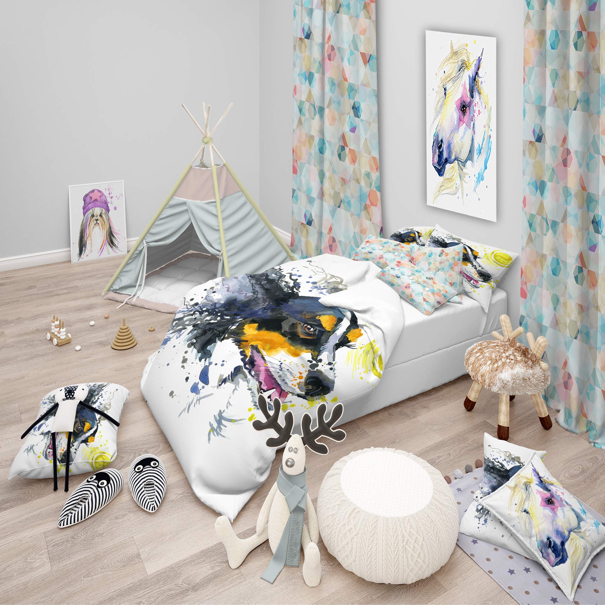 Designart Yellow Dog Ball Watercolor Duvet Cover Set - Modern & Contemporary Bedding for Full/Queen Size with 2 Shams - Perfect for Home Decor, Guest Rooms & Cozy Bedroom Styling