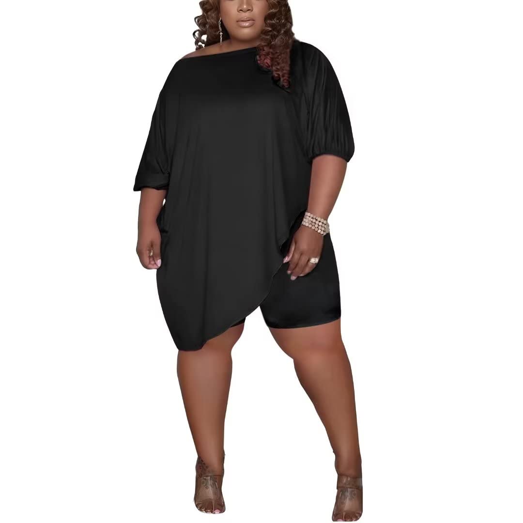 Huasemy Women's Plus Size 2-Piece Tracksuit Set - Short Sleeve Slant Top & Bodycon Shorts Outfit for Casual Wear, Gym, and Summer Fashion
