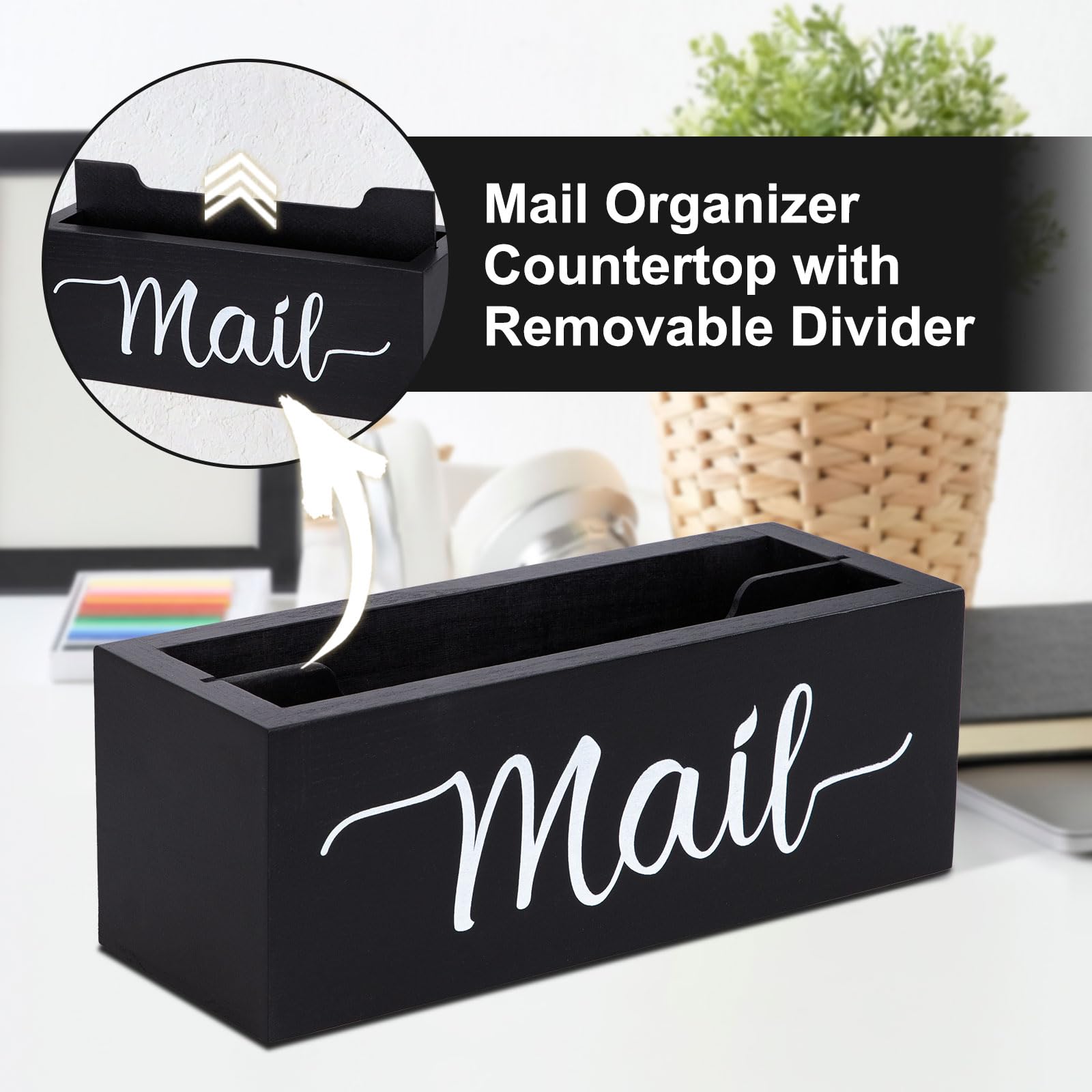 Wooden Desk Mail Organizer - 2 Slot Black Countertop Mail Storage Box & Envelope Holder for Home Office | Perfect for Bills, Letters and Office Organization