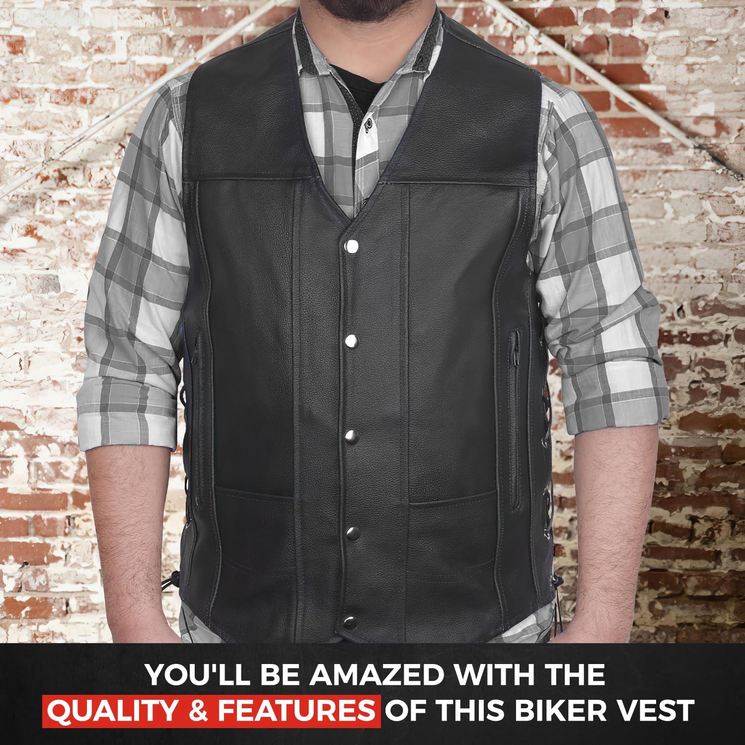 DEFY Genuine Leather Motorcycle Vest for Men & Women - 10 Pockets, Concealed Carry Gun Pockets, Solid Back for Patches (12XL, Chest 72 Inches) - Perfect for Biker Rides, Motorcycle Clubs & Outdoor Adventures