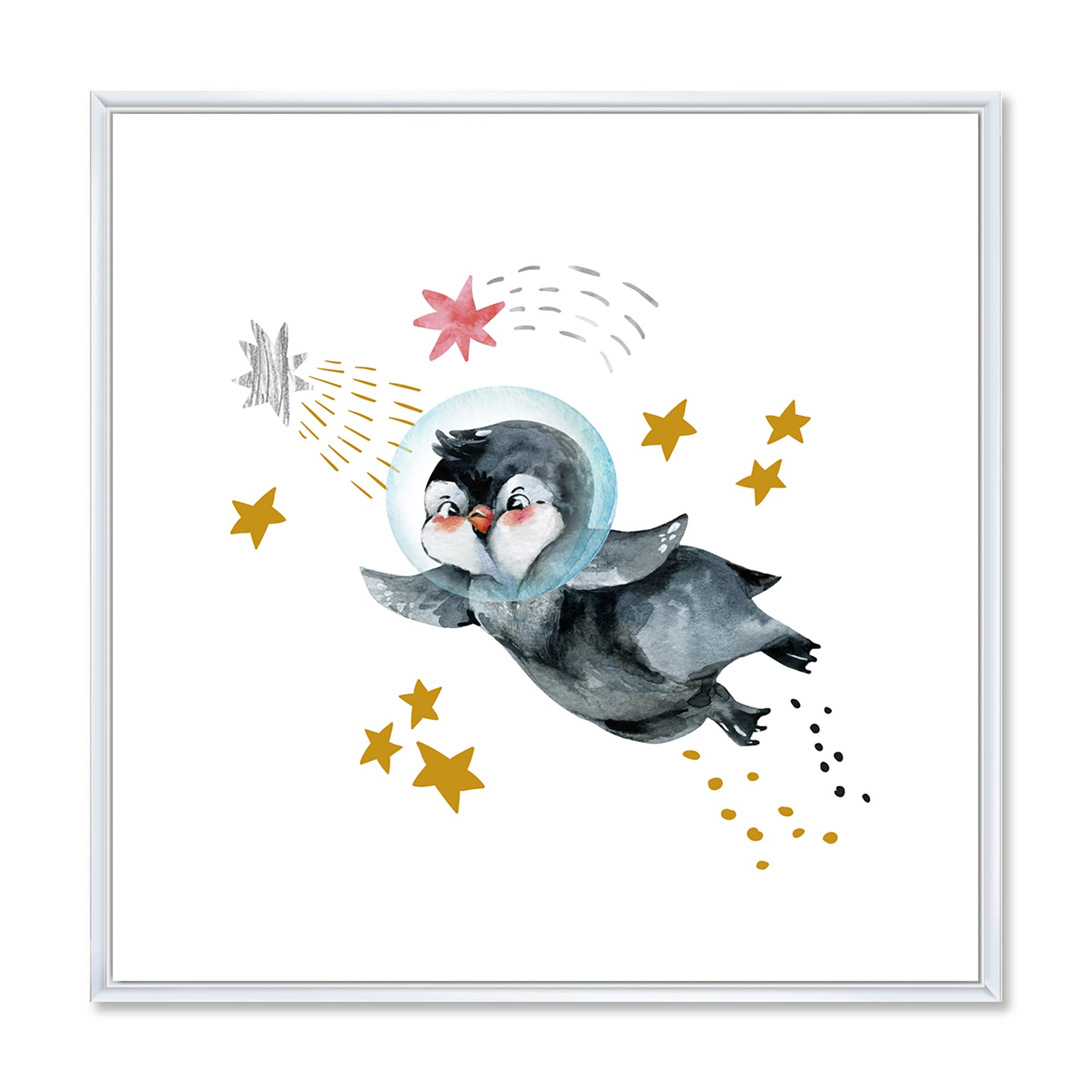 DesignQ Little Penguin Flying Stars and Planets I - Farmhouse Framed Canvas Wall Art Print for Living Room, Nursery & Bedroom Decor