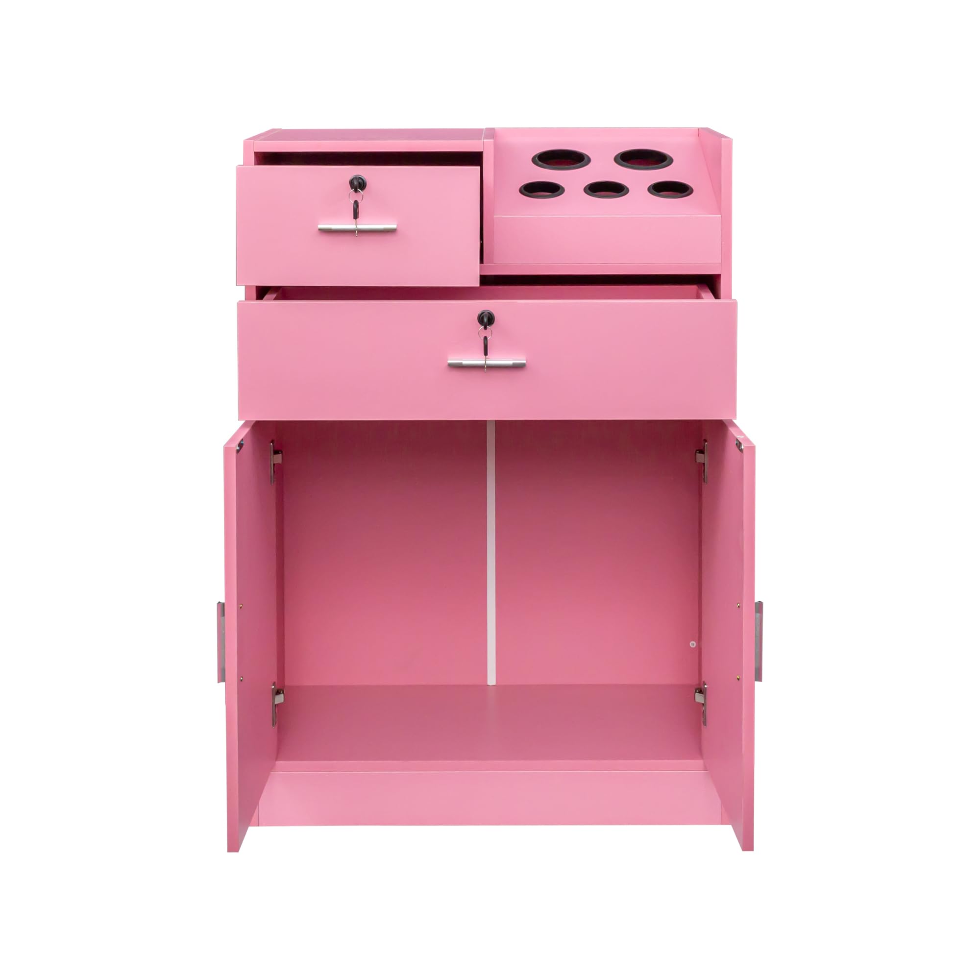 Pink Salon Storage Cabinet with Lock & Hair Dryer Holder - 2 Drawers & 1 Cabinet for Beauty Salon, Barber Shop, Spa Organization - Professional Stylist Equipment Organizer for Home & Commercial Use
