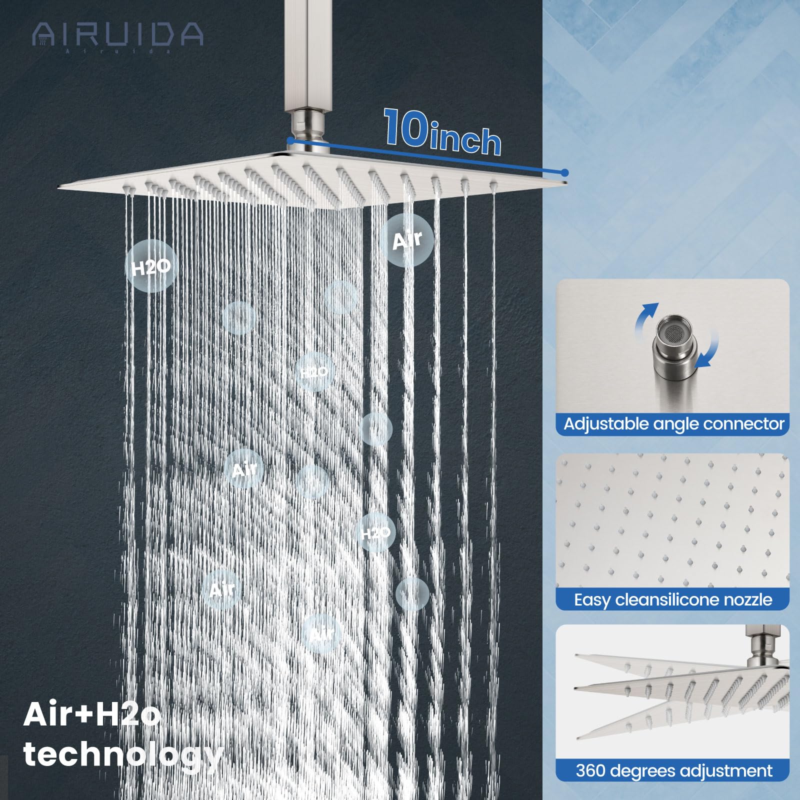 Airuida Brushed Nickel Ceiling Mount Shower System - 10 Inch Square Rainfall Shower Head with 2-Function High Pressure Combo, Brass Rough-in Valve & Handheld Shower Faucet Set for Luxurious Spa-Like Bathroom Experience