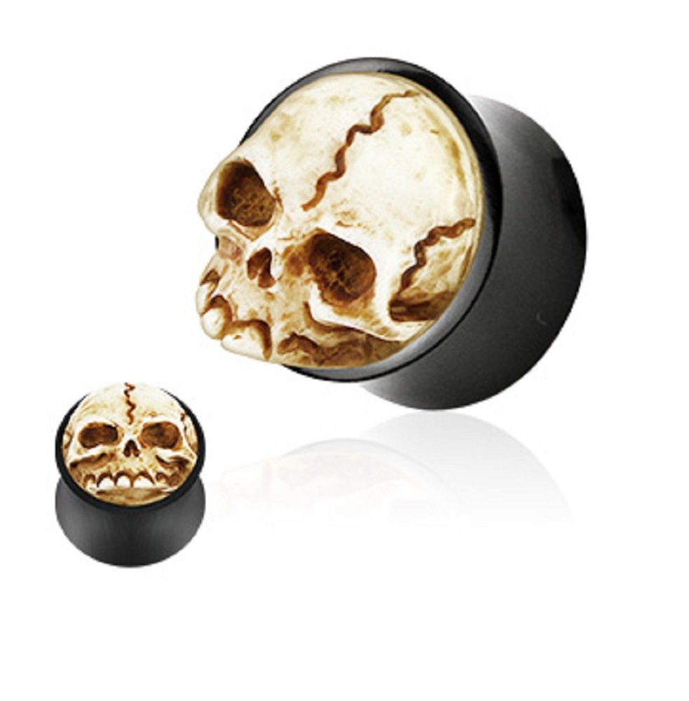 3D Skull Hand Carved Organic Buffalo Horn Double Flare Ear Plugs Gauges - Pierced Owl Design - Sold as Pair - Perfect for Goth, Punk, and Alternative Fashion Styles