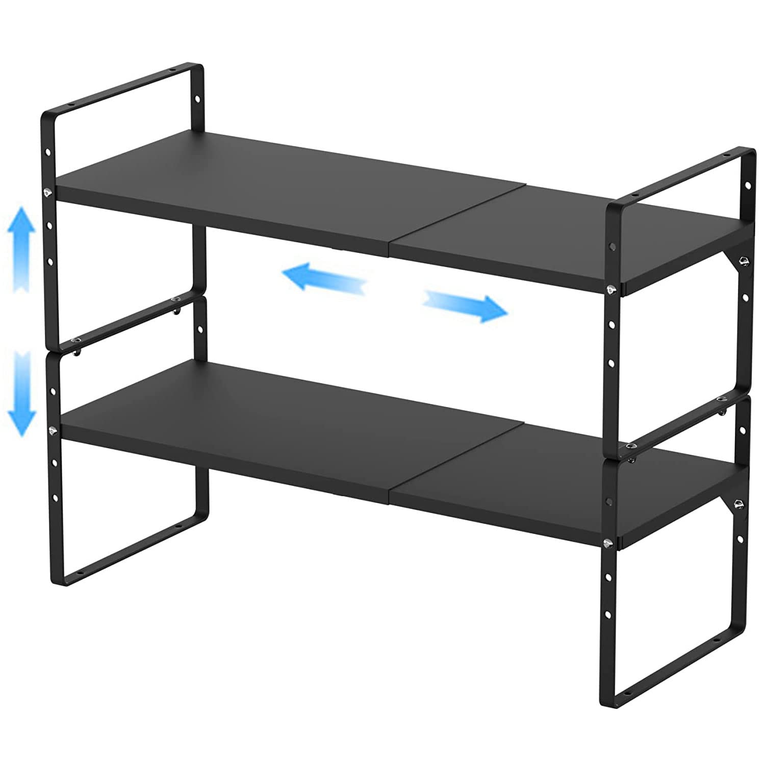 Expandable Kitchen Cabinet Shelf Organizers 2 Pack - Stackable Metal Pantry Storage Shelves Rack - Adjustable Counter Shelf for Cabinets, Countertop & Cupboard - Black | Perfect for Small Kitchen Organization, Spice Storage & Pantry Decluttering