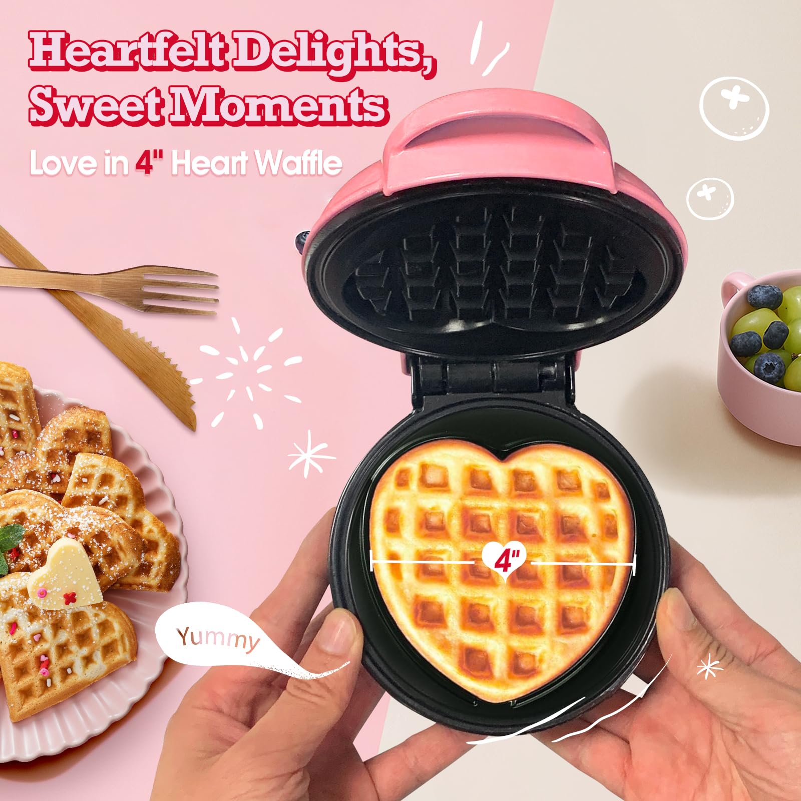 Mini Heart Waffle Maker - 4 Inch Non-Stick Keto Waffle Iron for Kids & Adults - Fast Even Heating - Perfect for Breakfast, Snacks & Keto Diet (Pink)