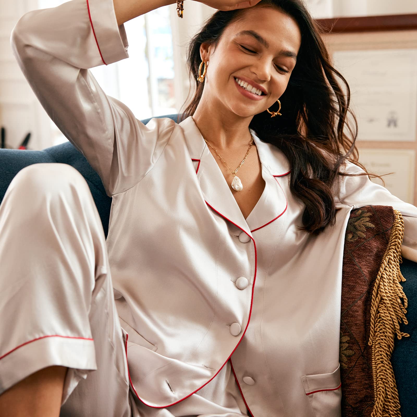 Luxury Women's 100% Mulberry Silk Pajama Set - Slim Fit Long Sleeve Sleepwear & Loungewear - 22 Momme Classic Silk Pajamas for Women - Perfect for Sleep, Relaxation & Bridal Nightwear