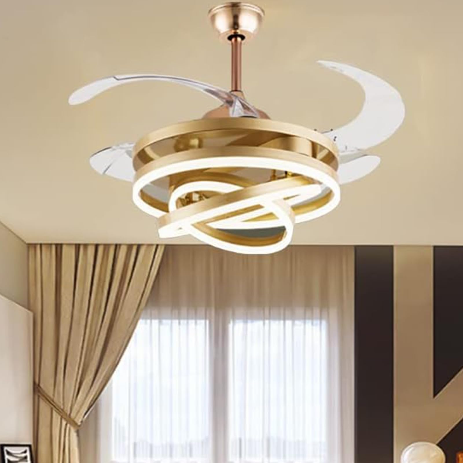 42 Inch Smart Ceiling Fan with LED Light - Adjustable Telescopic Geometric 3-Color Lighting, Modern Retractable Design for Bedroom, Living Room & Home Decor (Gold) | Perfect for Indoor Cooling & Stylish Interior Design