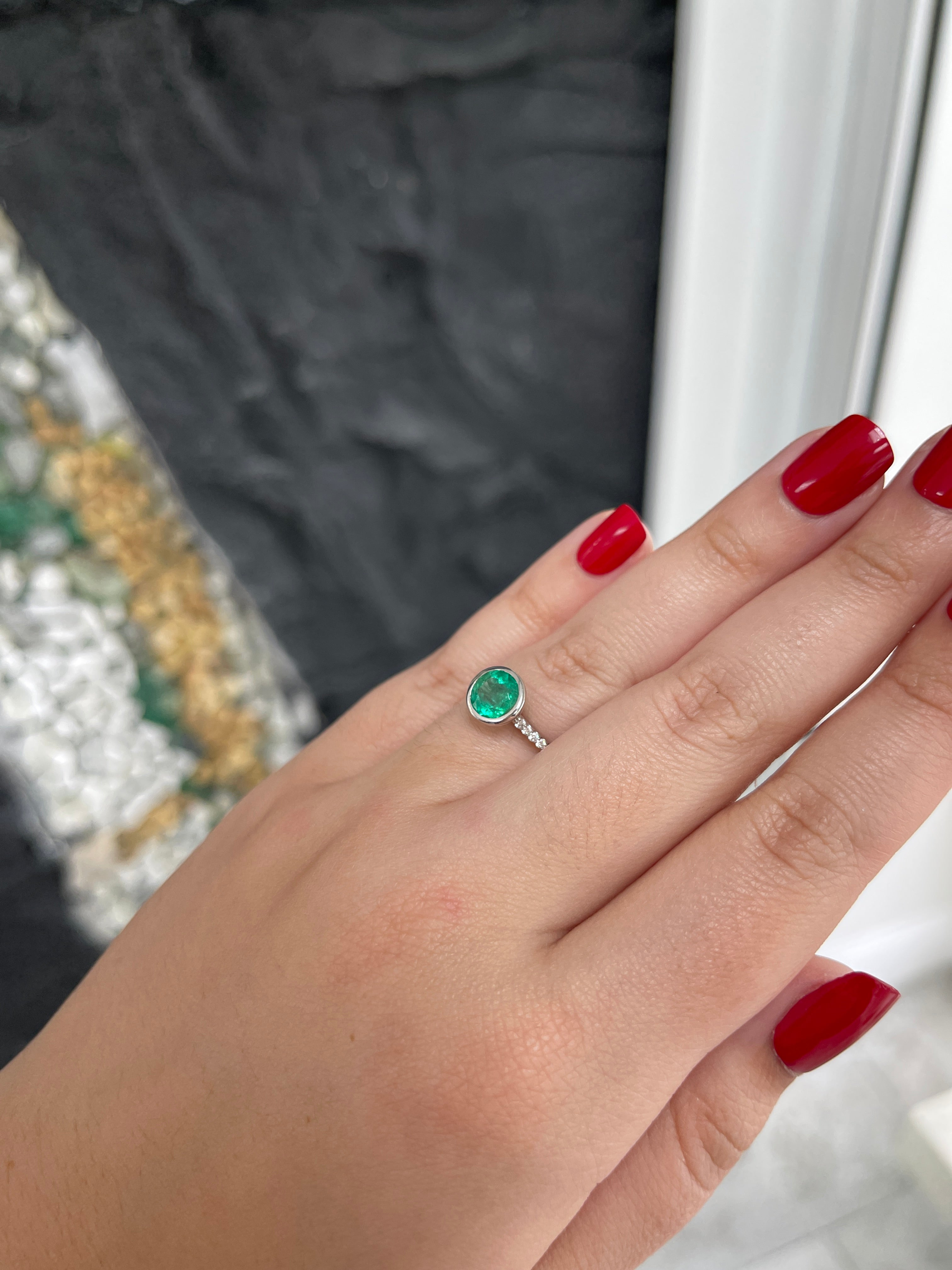 1.60tcw 14K Gold Natural Medium Dark Green Round Emerald Cut Diamond Accent Ring for Women - Elegant Wedding, Engagement, Anniversary Gift Jewelry