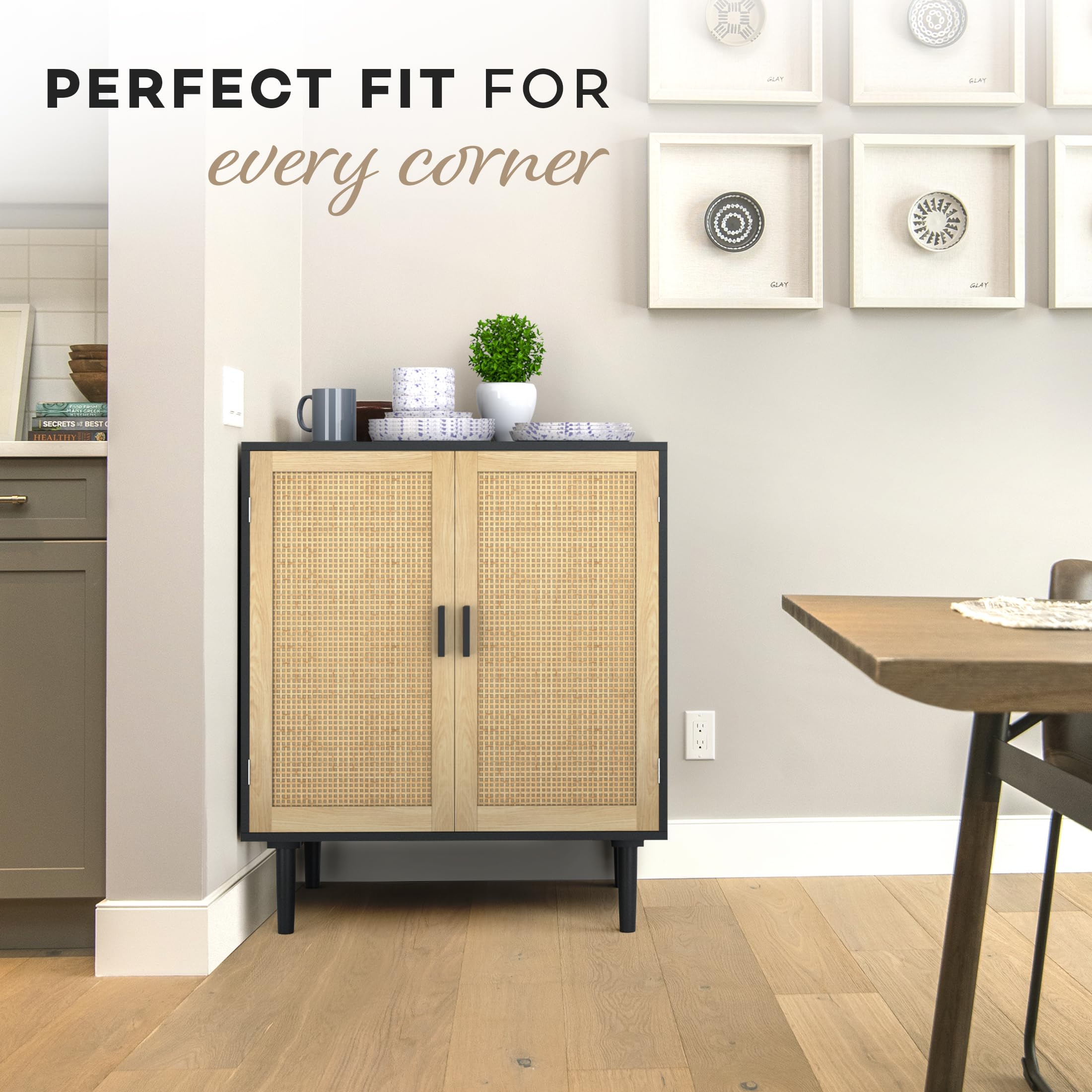 Rattan Sideboard Buffet Cabinet - Stylish Kitchen Storage Dresser with Rattan Doors, Cupboard Console Table for Living Room, Dining Room & TV Stand in Black - Perfect for Home Decor and Organizing Essentials