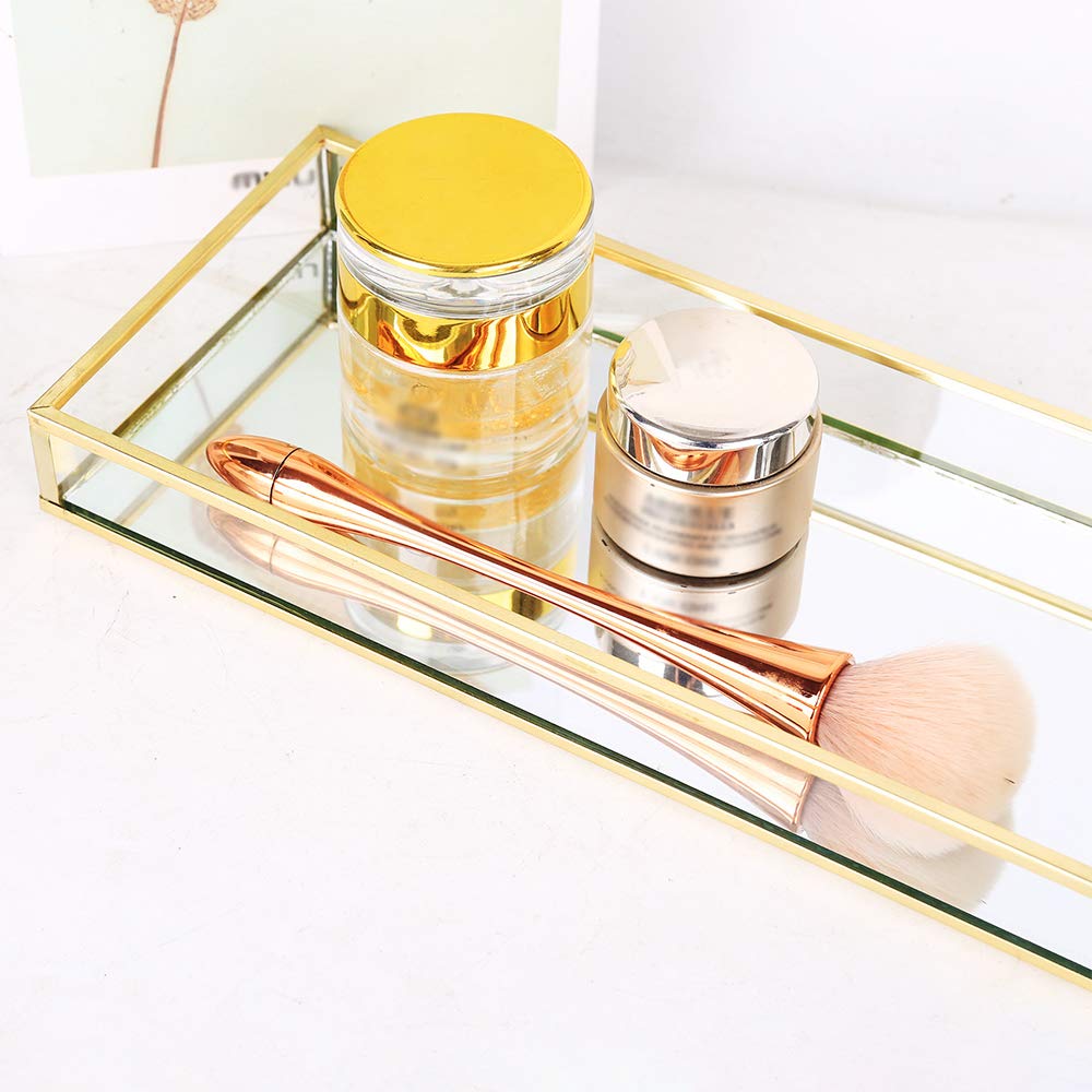 Gold Bathroom Vanity Tray Set (2Pcs) - Affogato Sink Organizer with Mirror for Toothbrush, Makeup & Cosmetics Storage | Perfect for Bathroom Countertops, Toilet Tanks, Bathtubs, Closets & Dressers | Elegant Home Organization Solution