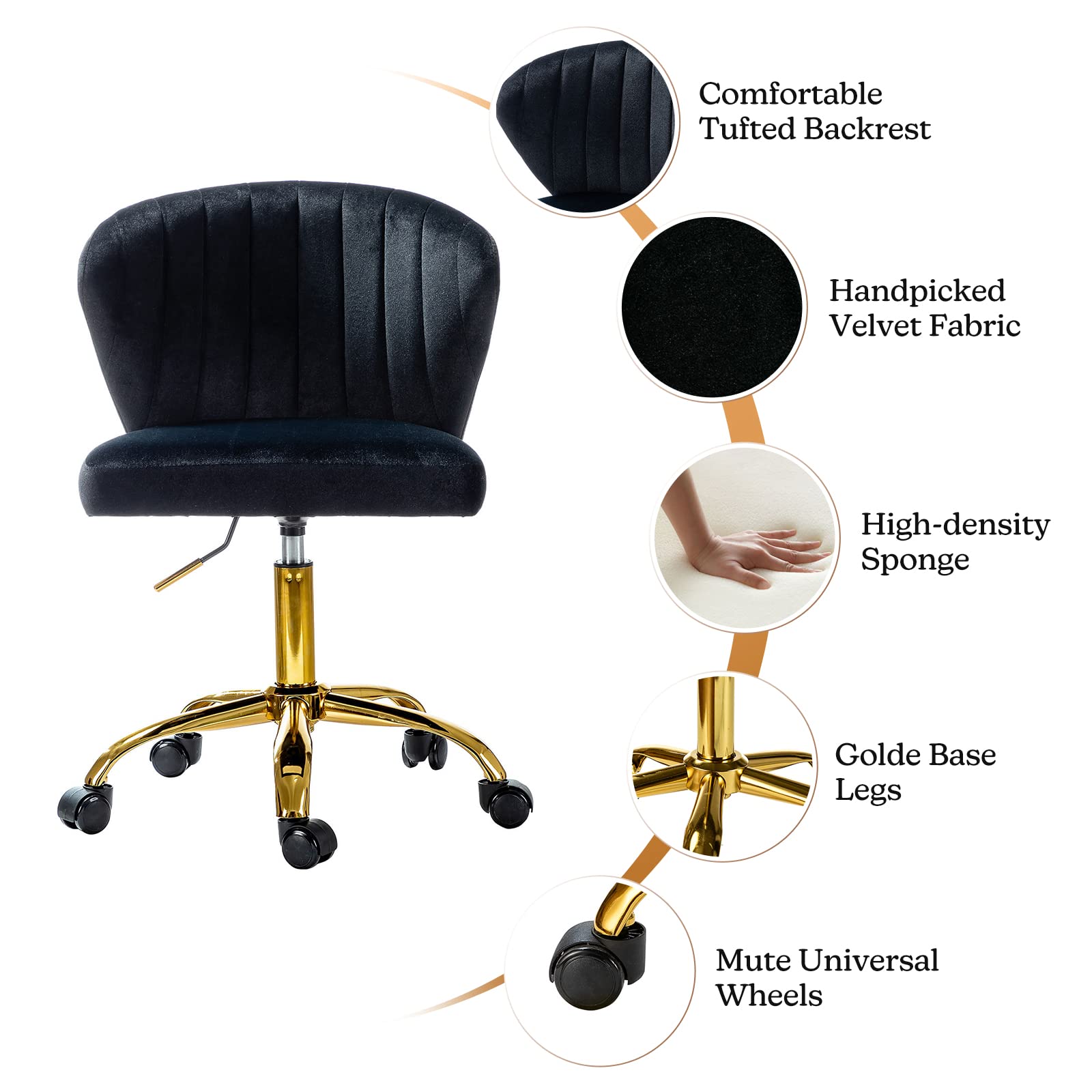 TINA'S HOME Modern Velvet Office Chair with Wheels - Adjustable Low Back Swivel Rolling Task Chair, Gold Base Armless Design for Home Office, Living Room, Vanity or Study - Black | Ergonomic Workspace & Reading Solution