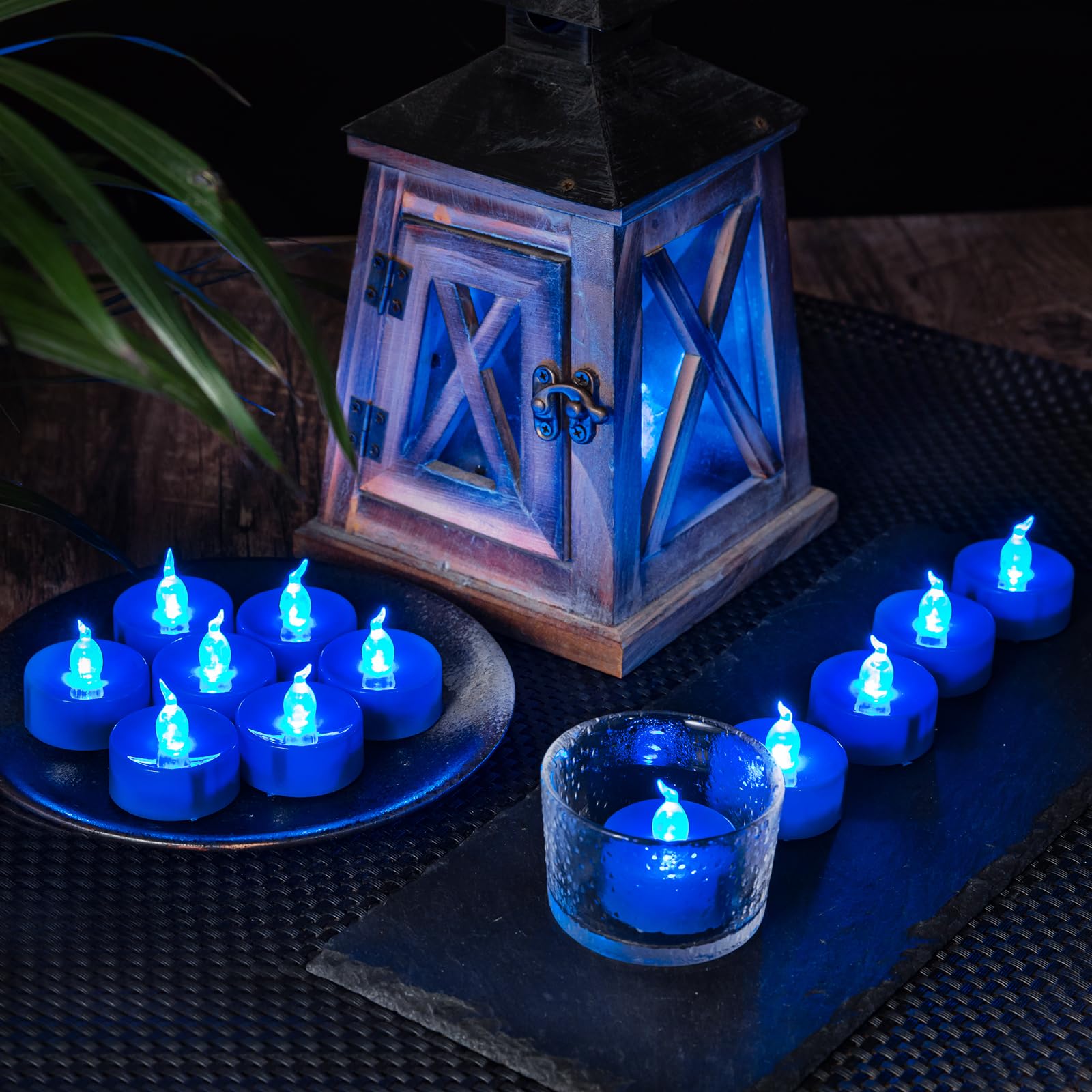 24-Pack Blue Flickering LED Flameless Tea Light Candles - Battery Operated Fake Candles with Realistic Flame Effect - Perfect for Halloween Decor, Wedding Centerpieces, and Romantic Dinner Ambiance
