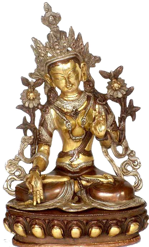 White Tara Statue - Brown, Gold & Silver Finish | Buddhist Home Altar Decor, Meditation Room Statue, Spiritual Gift for Peace & Harmony