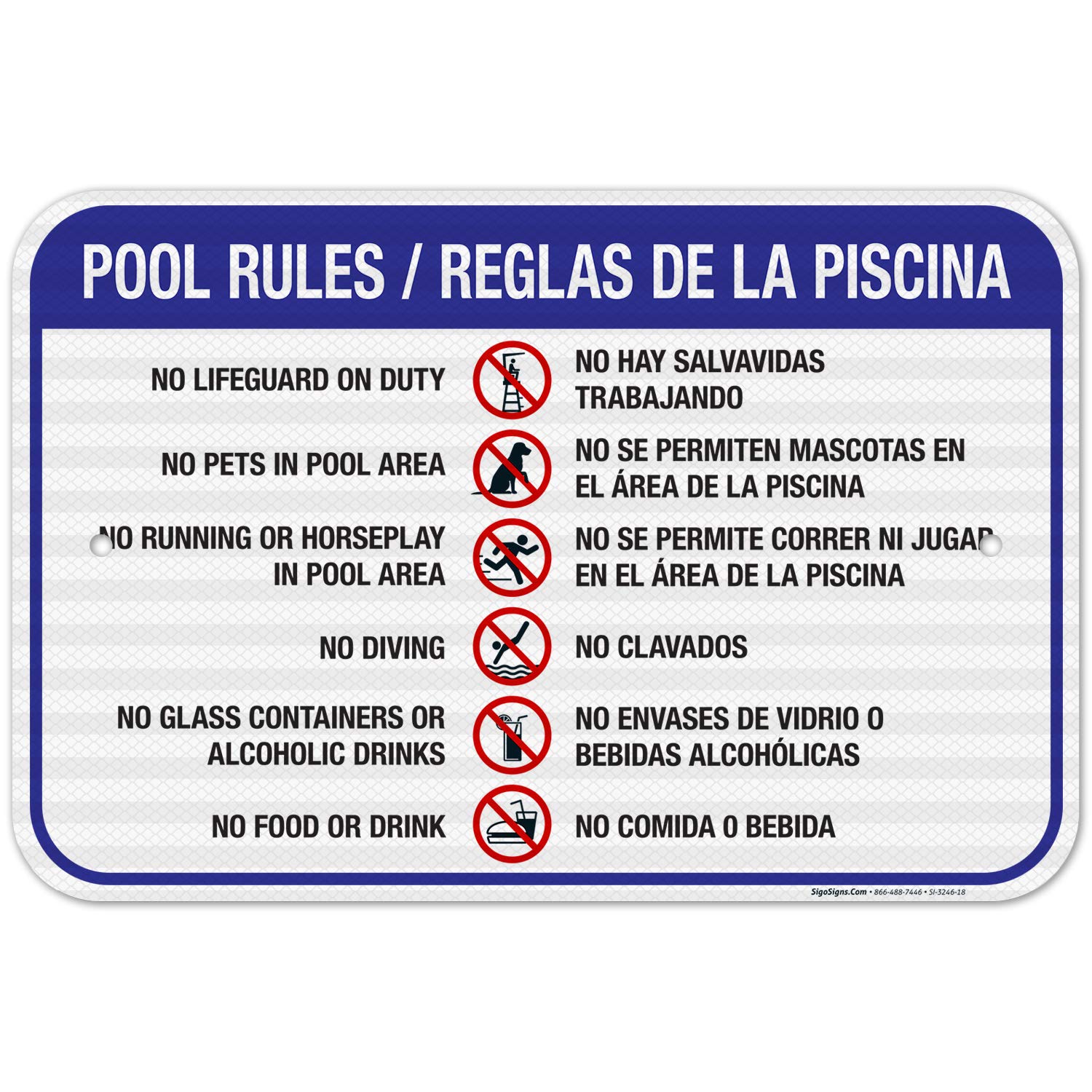 Pool Rules Sign Bilingual Spanish English - 12x18 Inches Reflective Aluminum for Safety - Fade Resistant Indoor/Outdoor Sign Made in USA - Perfect for Residential & Commercial Pools, Spas, and Water Parks