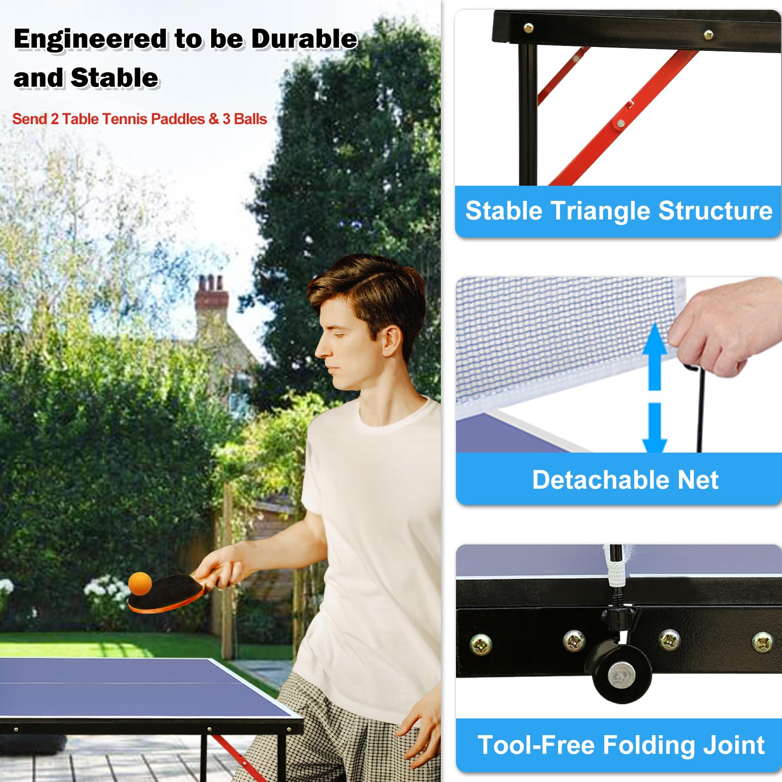 Premium Foldable Ping Pong Table - Mid-Size Table Tennis Set with 2 Paddles, 3 Balls, Net & Wheels | Indoor/Outdoor Use for Home, Office, Gym & Backyard Games | Easy Assembly for 2-4 Players