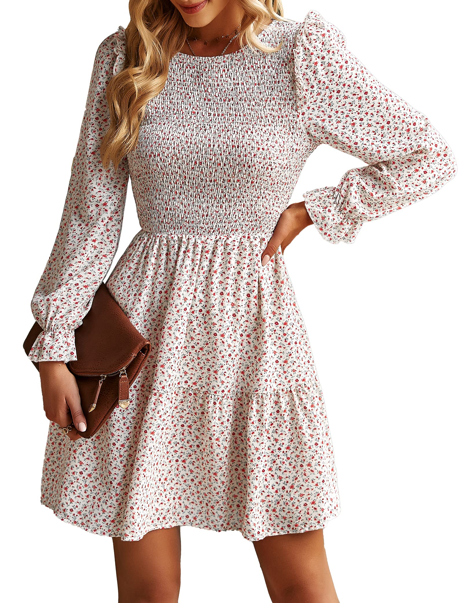 KIRUNDO Women's Floral Smocked Long Sleeve Ruffle A-Line Mini Dress - Spring Summer Party Dress 2025 | Flowy Elegant Outfit for Garden Party, Date Night & Special Occasions
