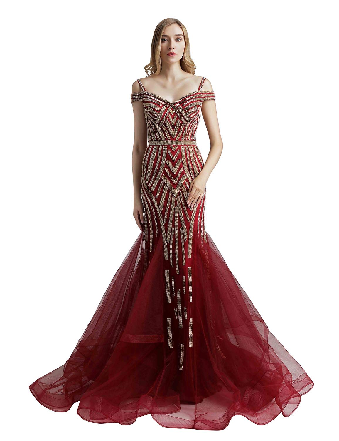Sarahbridal Women's Elegant Lace Tulle Prom Dress 2023 - Long Mermaid Evening Gown with Beaded Rhinestone Details for Homecoming, Wedding, and Formal Events