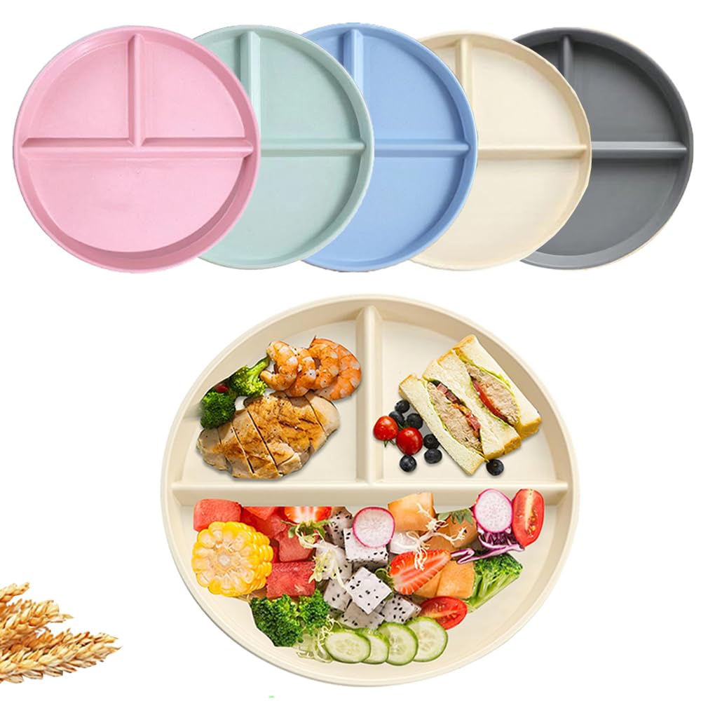 Unbreakable 5-Piece Divided Dinner Plate Set - 9 Inch BPA-Free Wheat Straw Portion Control Plates for Healthy Eating, Bariatric Diet & Kids | Microwave & Dishwasher Safe for Everyday Meals