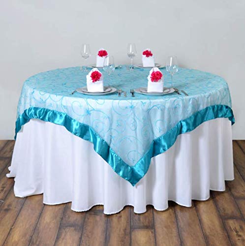6-Piece Turquoise Embroidered Sheer Organza Table Overlay Set (60x60 Inches) - Elegant Wedding Party Decorations for Reception, Banquet, and Special Event Decor