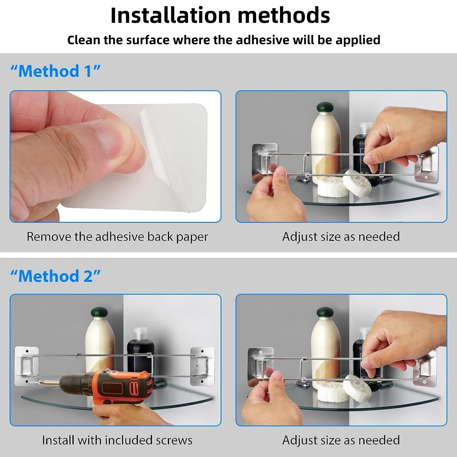2-Pack Adjustable 180° Stainless Steel RV Shower Corner Storage Bar - Space-Saving Bathroom Organizer for Campers & RVs - Perfect for Holding Toiletries, Shampoo & Soap in Tight Spaces