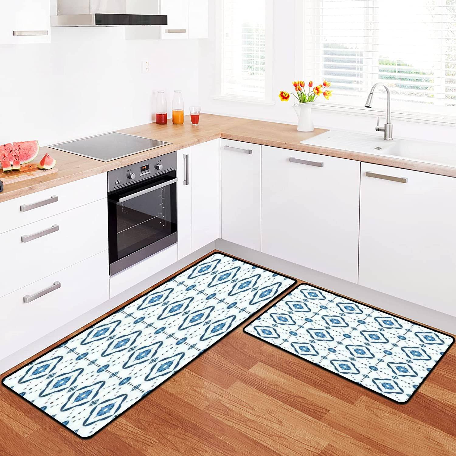 Non-Slip Washable Kitchen Rugs Set - Italian Tile & Portuguese Azulejos Design - Mexican Talavera & Spanish Style Floor Mat - Comfort Standing Mats for Kitchen, Bathroom, Entryway Decor